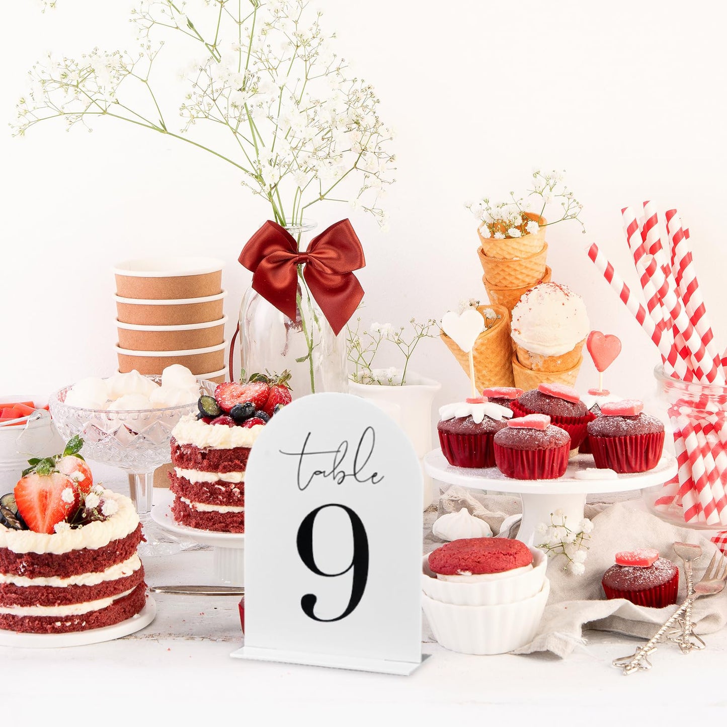 Auch White Arch Acrylic Table Numbers 1-15 with Stand, 5x7" White Arch Acrylic Sign and Holder Wedding Table Numbers for Reception, Centerpiece, Event (White)