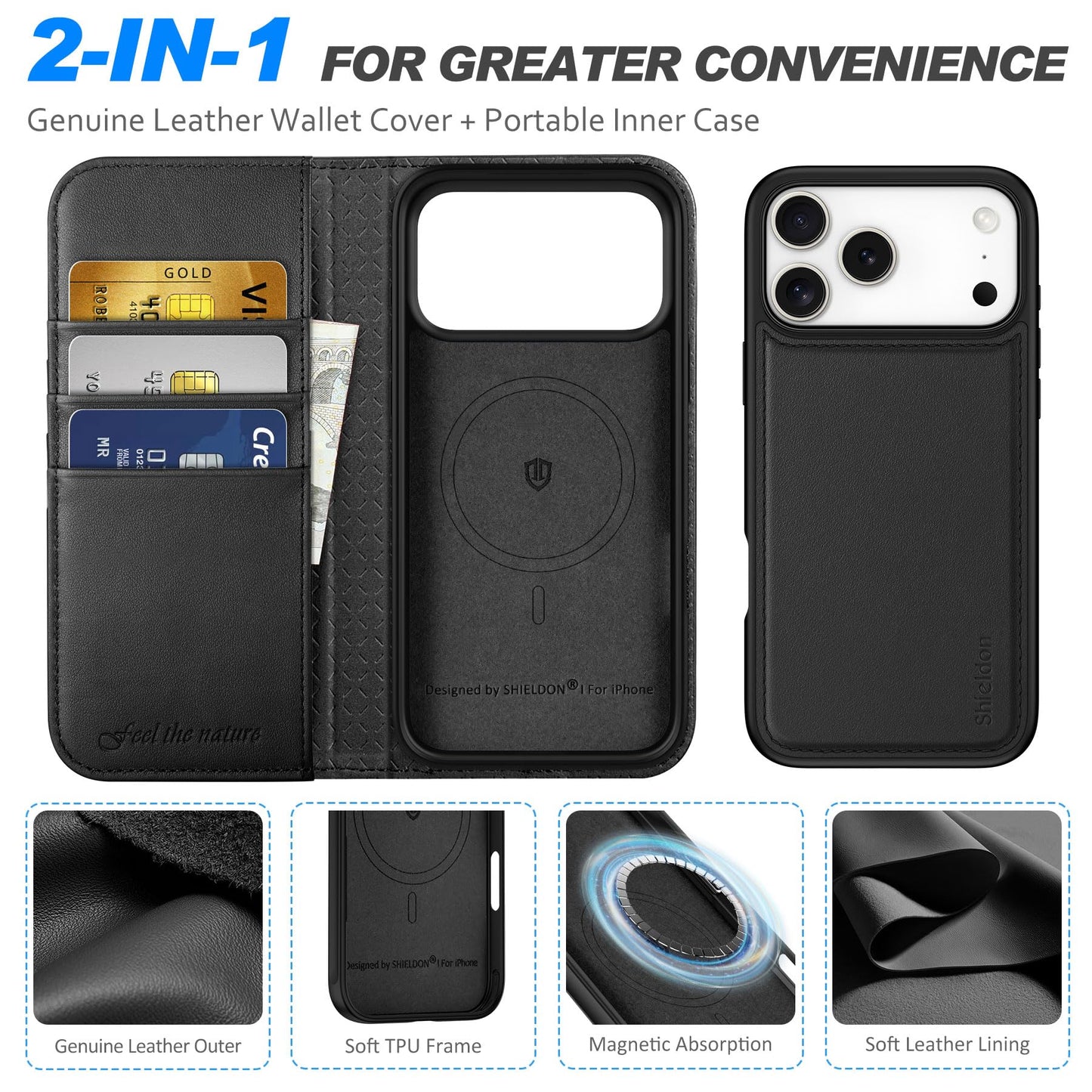 SHIELDON Genuine Leather Detachable Wallet Case for iPhone 17 Pro Max 6.9", Wireless Charging | Removable Cover |Magnetic Kickstand | RFID Blocking | 3 Card Slot 2025 - Nappa Black