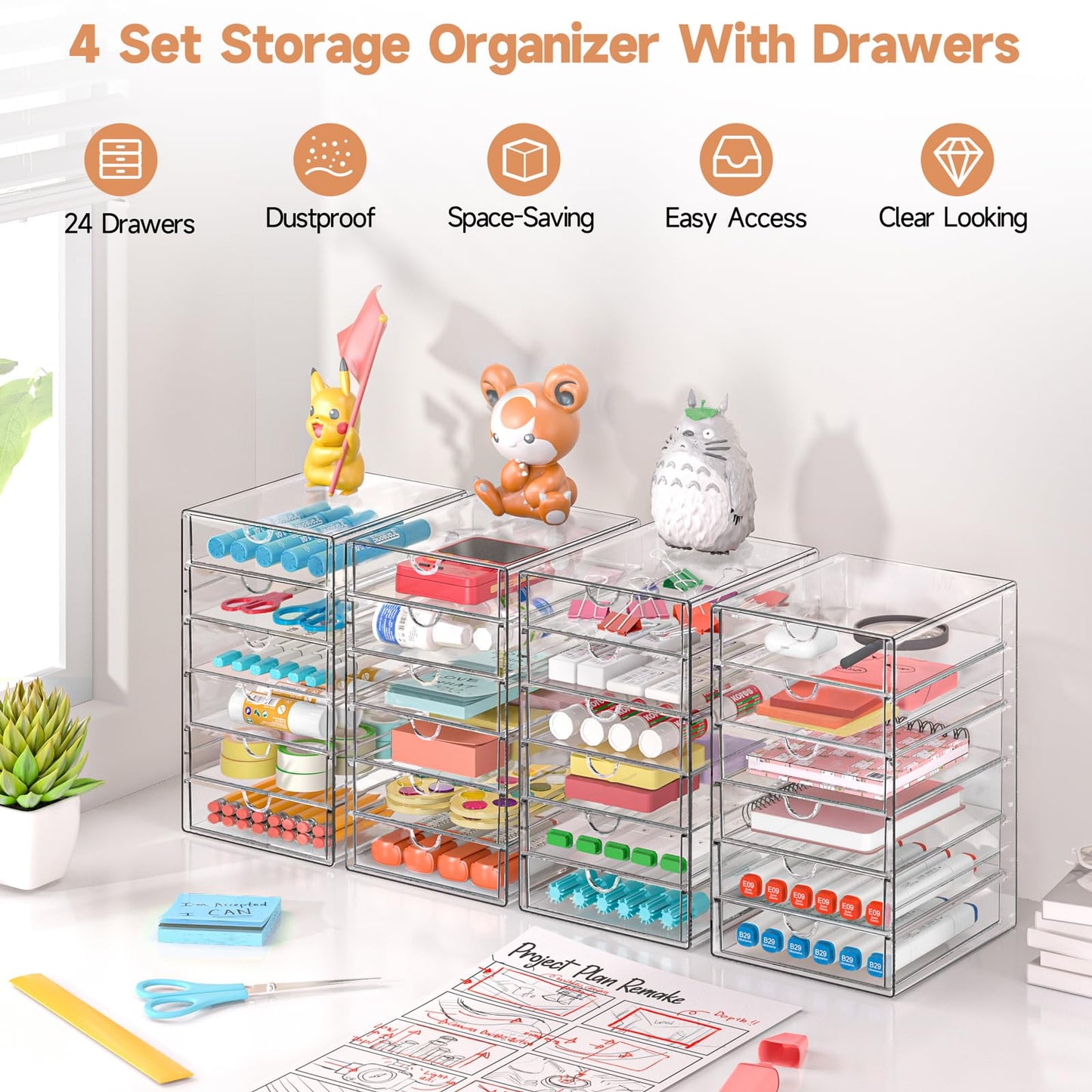 DOMNIU Makeup Drawer Storage Organizer with 24 Drawers, 4 Set Acrylic Office Desk Organization and Storage, Dustproof Transparent Plastic Frame