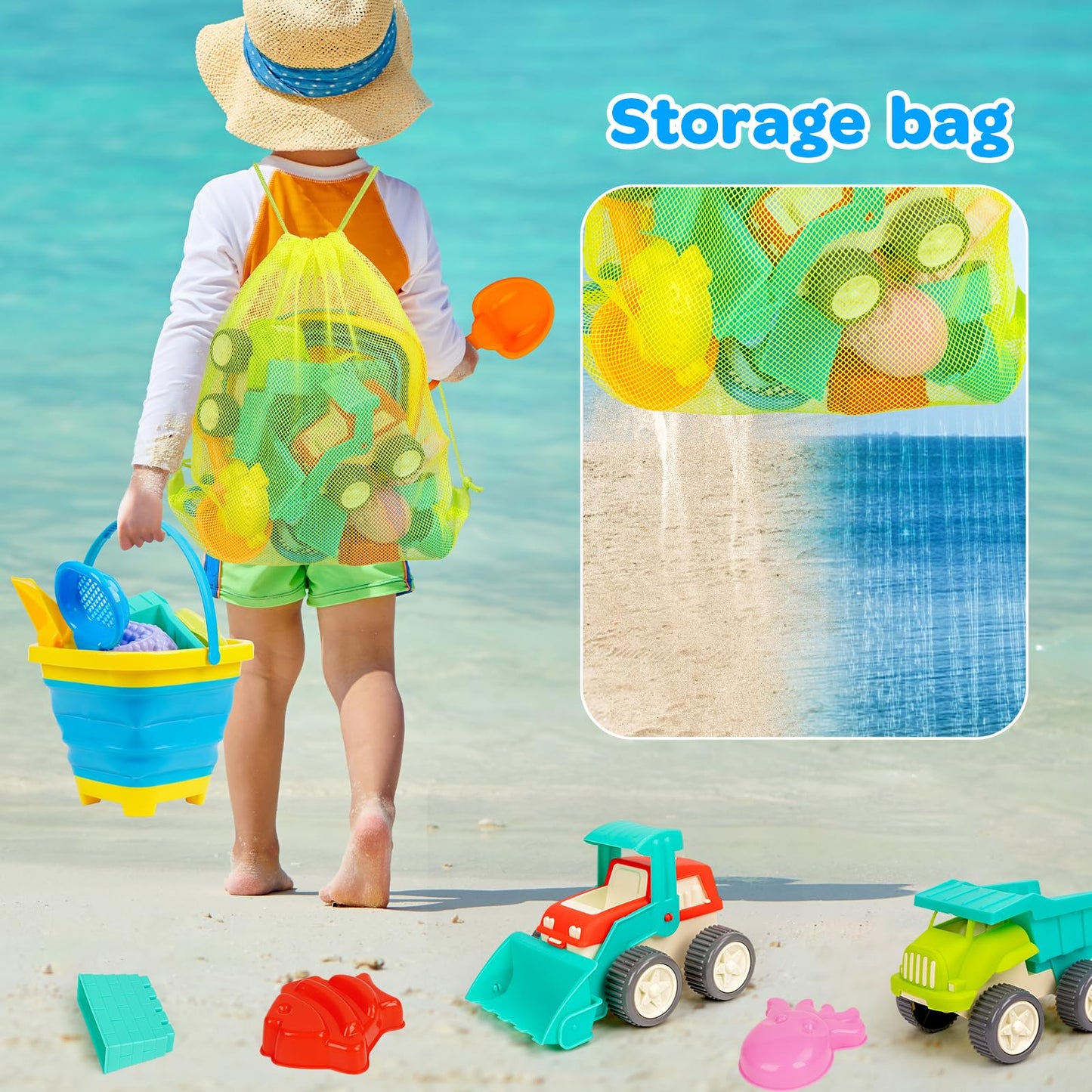 Beach Toys Play Sand Set Sandbox with 2 Cars 2 Collapsible Sand Buckets, Shovel, Rake, Sand Castle Kit, Animal Molds and Mesh Bag, Travel Toys for Kids Toddlers Boys Girls Age 3-10