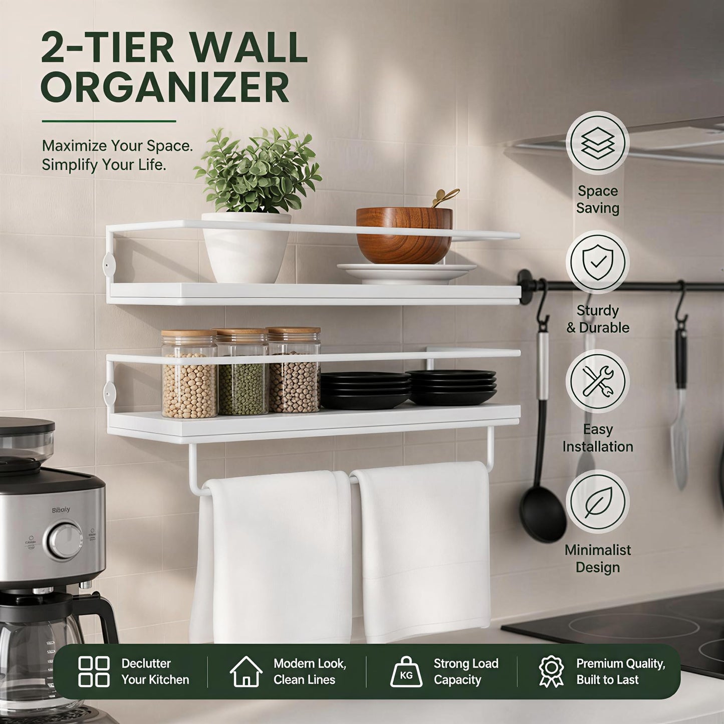 Floating Bathroom Shelves Set of 2 Wall Mounted Shelf with Black Metal Frame and Towel Rack for Bathroom Over Toilet Storage and Organizers for Bedroom Living Room Kitchen Office (White)