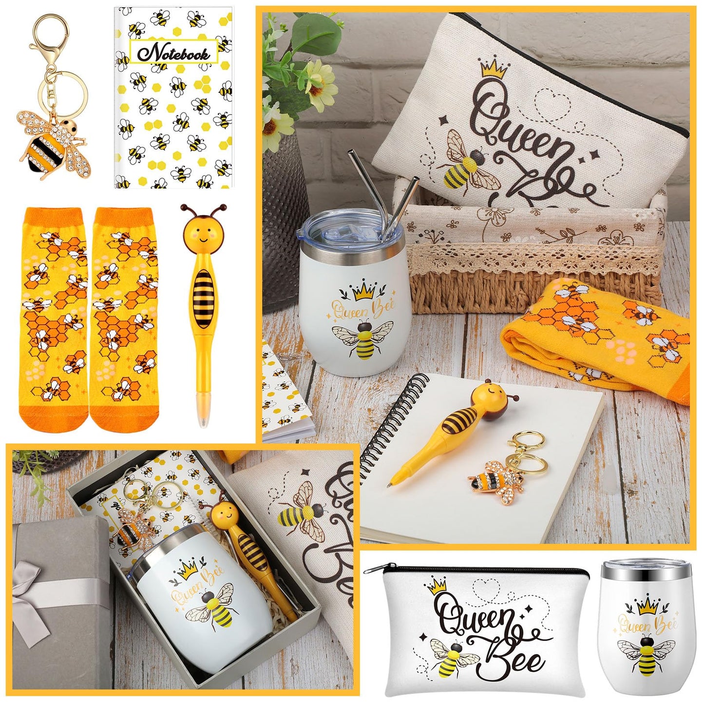 Panitay 6 Pcs Bee Themed Gifts Set for Women, 12 Ounce Stainless Steel Tumbler with Straw and Brush Socks Cosmetic Bag Notebook Pen Keychain for Mom Friends Teacher Bee Lover Gifts