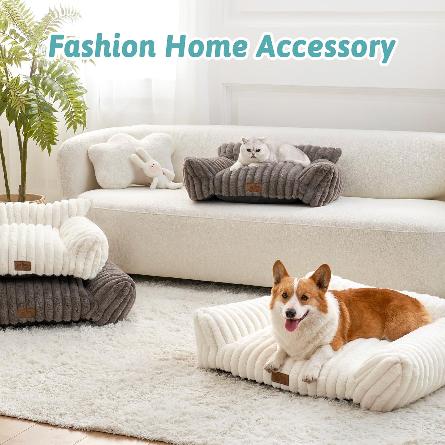 COZY KISS Dog Beds for Small Dogs and Cat Bed, Premium Plush Faux Fur Pet Sofa Bed Couch, Ultra-Soft Pet Furniture for Cats & Small Dogs, 80x60 cm (Grey, Medium)