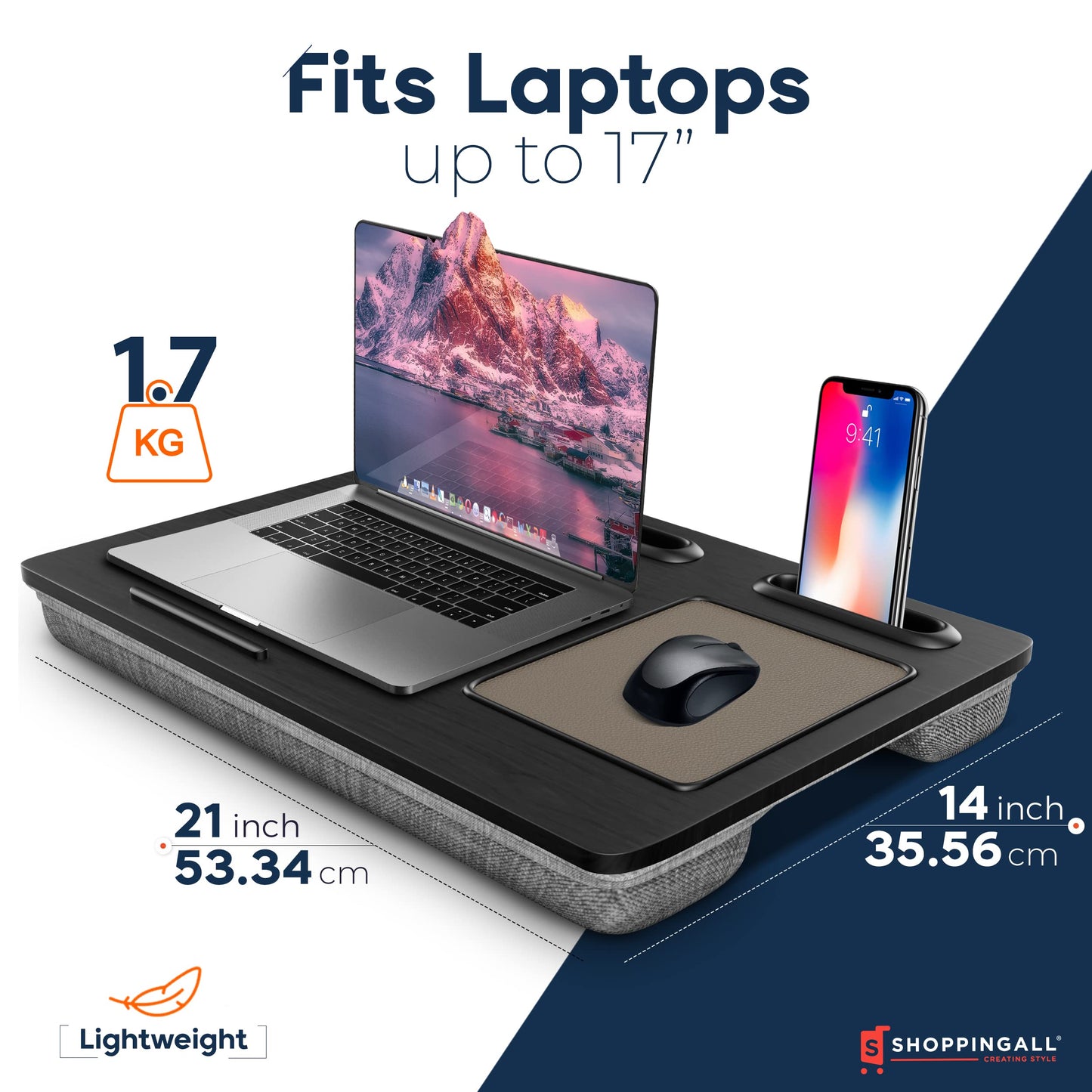 SHOPPINGALL Lap Desk Portable Laptop Stand Desk Fits up to 17" Laptop with Cushion Mouse Pad, Tablet & Cellphone Holder Slot for Sofa Couch & Bed, Home & Office Portable Desk - SA-BR182-Black