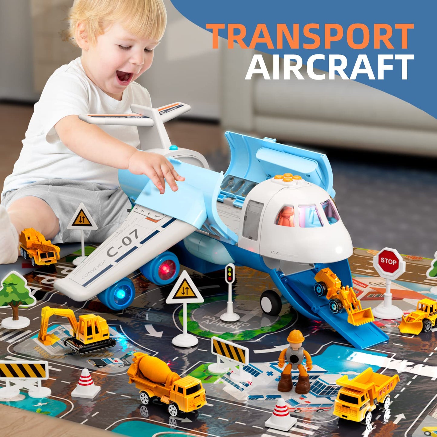 Transport Cargo Airplane, Large Theme Airplane Toy Set,Educational Toy Vehicle Play Set with Smoke, Sound and Light, Fricton Powered Airplane with Mini Cars, Birthday Gift for Boys and Girls