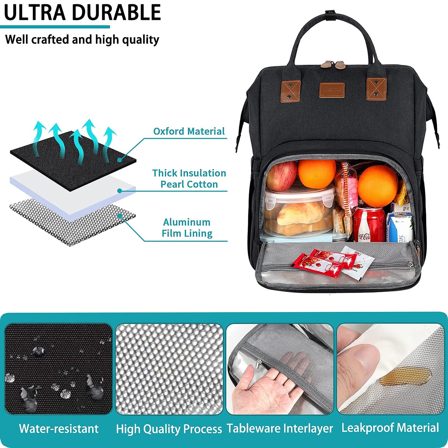 17 Inch Laptop Backpack, Large Lunch Backpack for Women Men Gifts, Travel Carry On with Lunch Box and USB Port, Insulated Cooler Bookbag Nurse Work Backpacks, Black