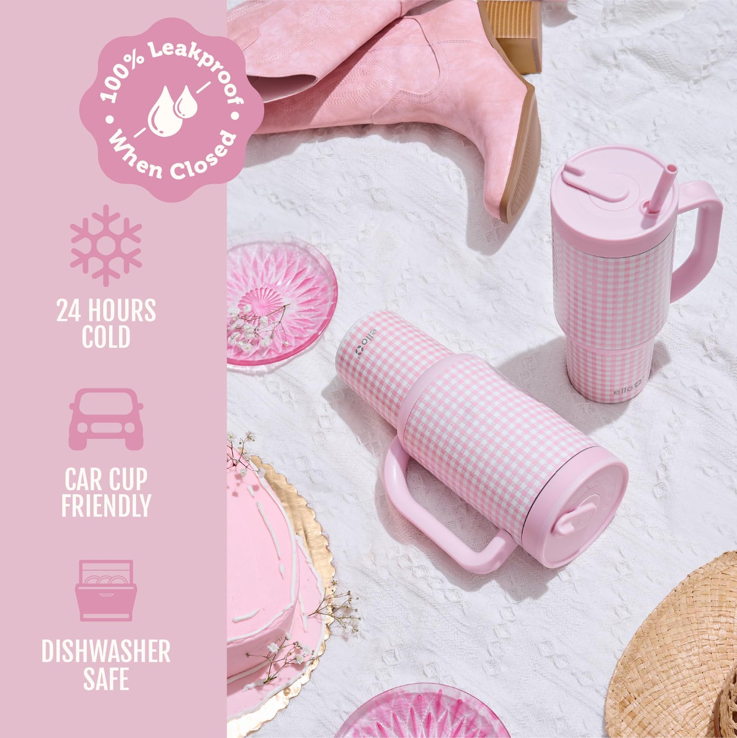 Ello Oasis 40 oz Tumbler with Handle & Retracting Straw | Reusable Insulated Stainless Steel Cup 100% Leakproof, Gifts for Teens Women Men | Keeps Cold for 24 Hours, Cup Holder Friendly, Pink Gingham