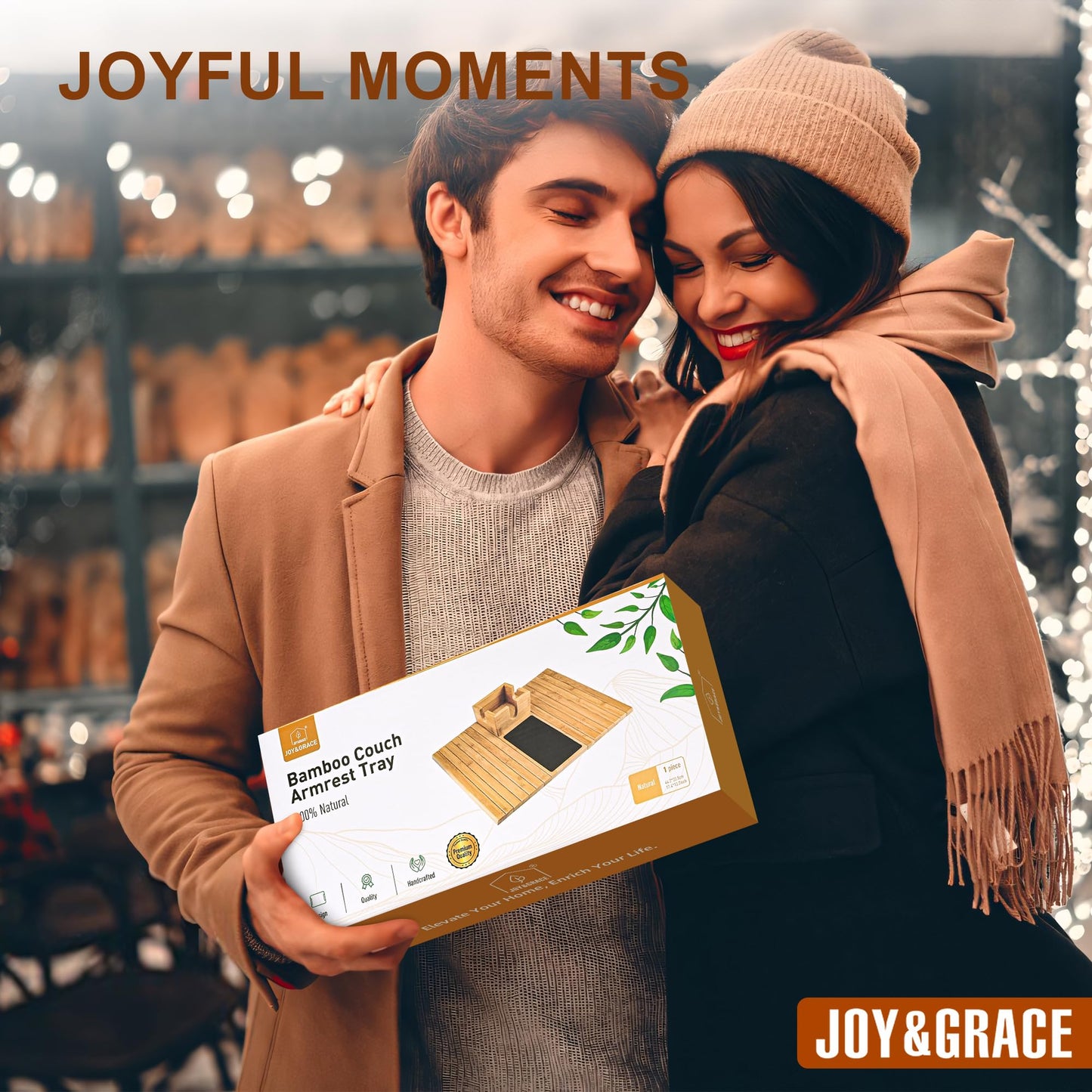 Joy&Grace Sofa Armrest Tray with Large Mug Holder, Bamboo Couch Arm Tray, Anti-Slip Couch Cup Holder Foldable Sofa Arm Table for Eating Drinks Cellphone (Color Natural)