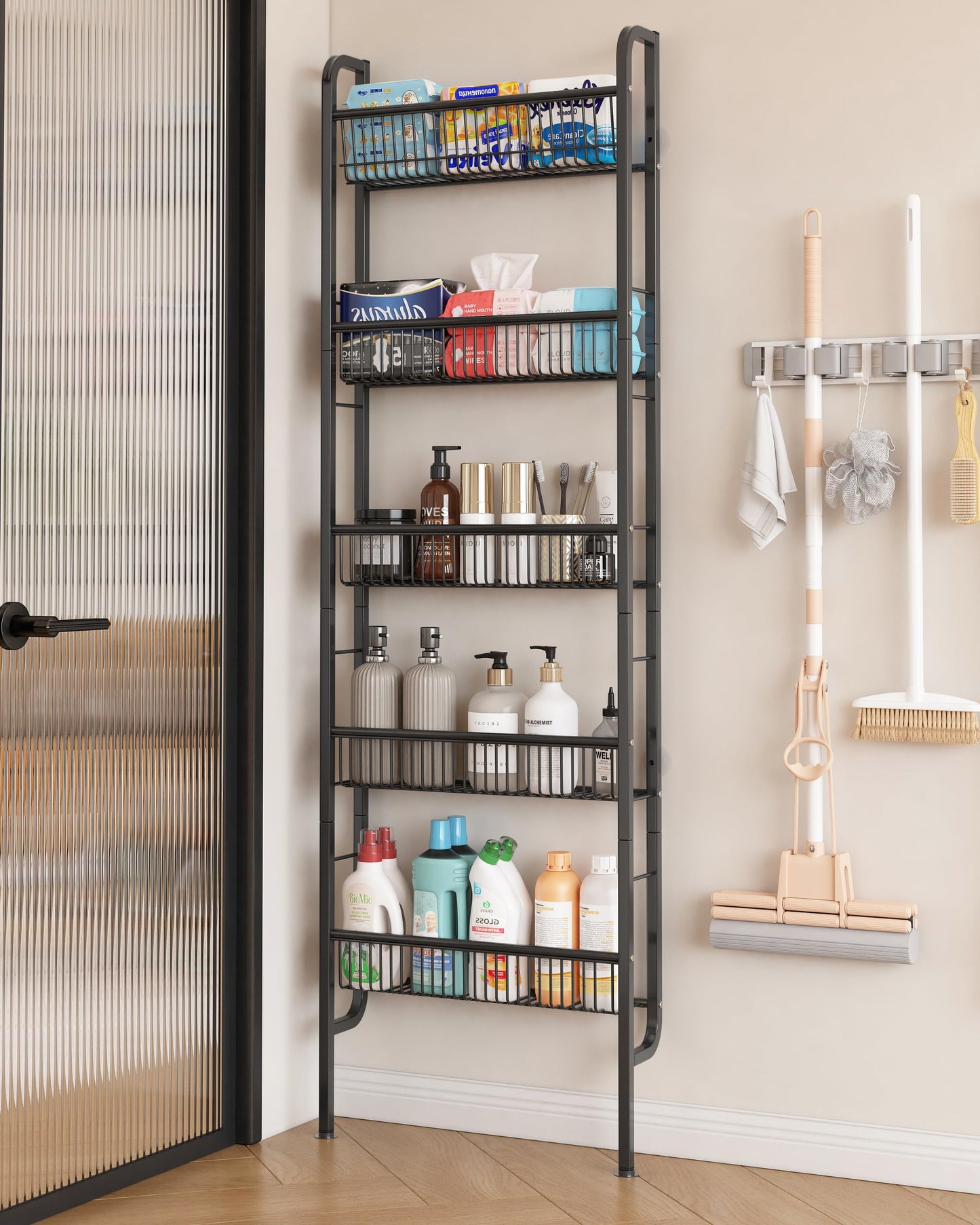 UMDONX Narrow Metal Storage Shelf Bathroom Organizer 5 Tier, Kitchen Behind Door Shelves Multifunctional Bookshelf (Black Width 9.5cm)