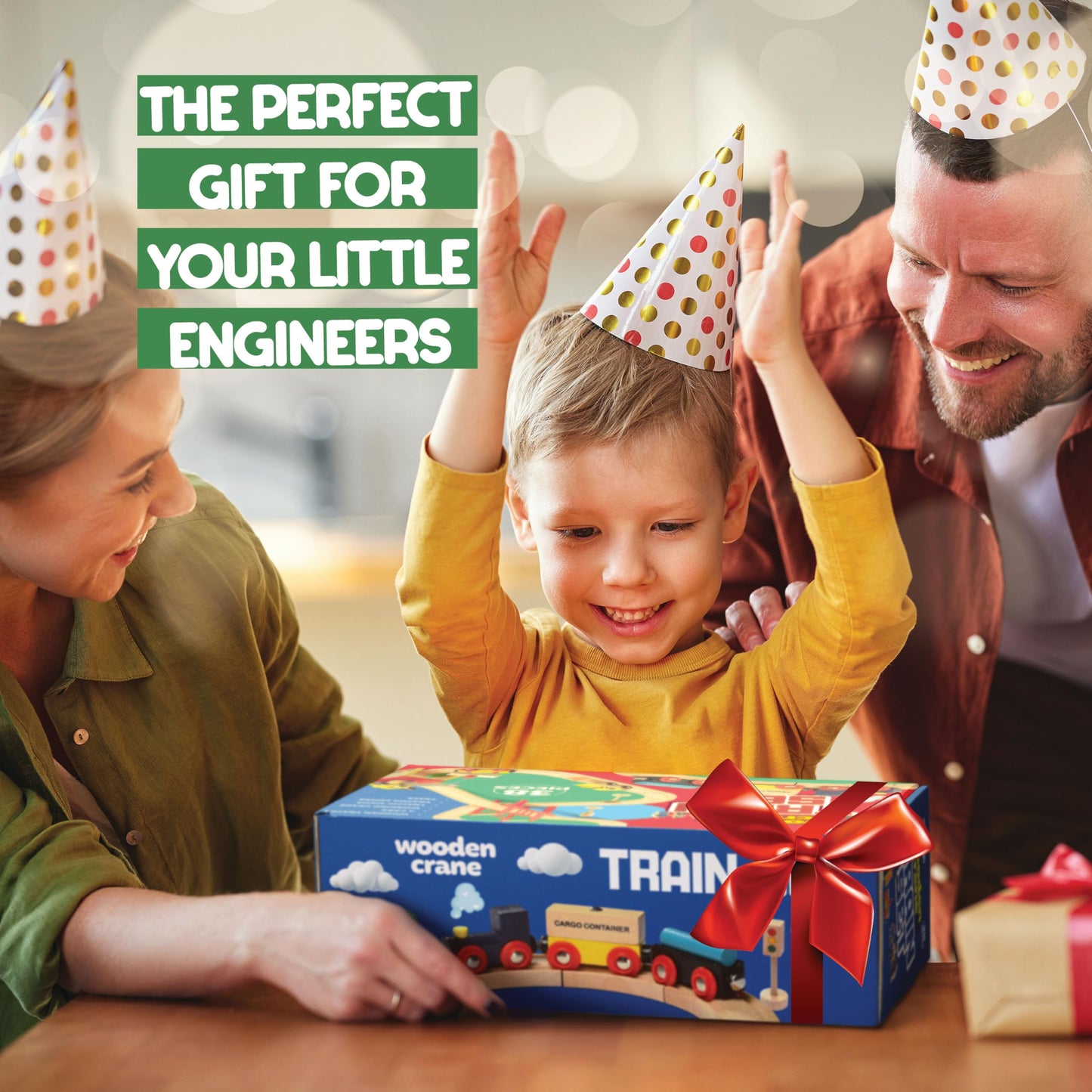 Wooden Train Set Toddler Toys - 38 Pcs Wood Train Track Set for Toddlers 3-4 Years with Crane, Bridge & Accessories - Compatible with All Major Brands