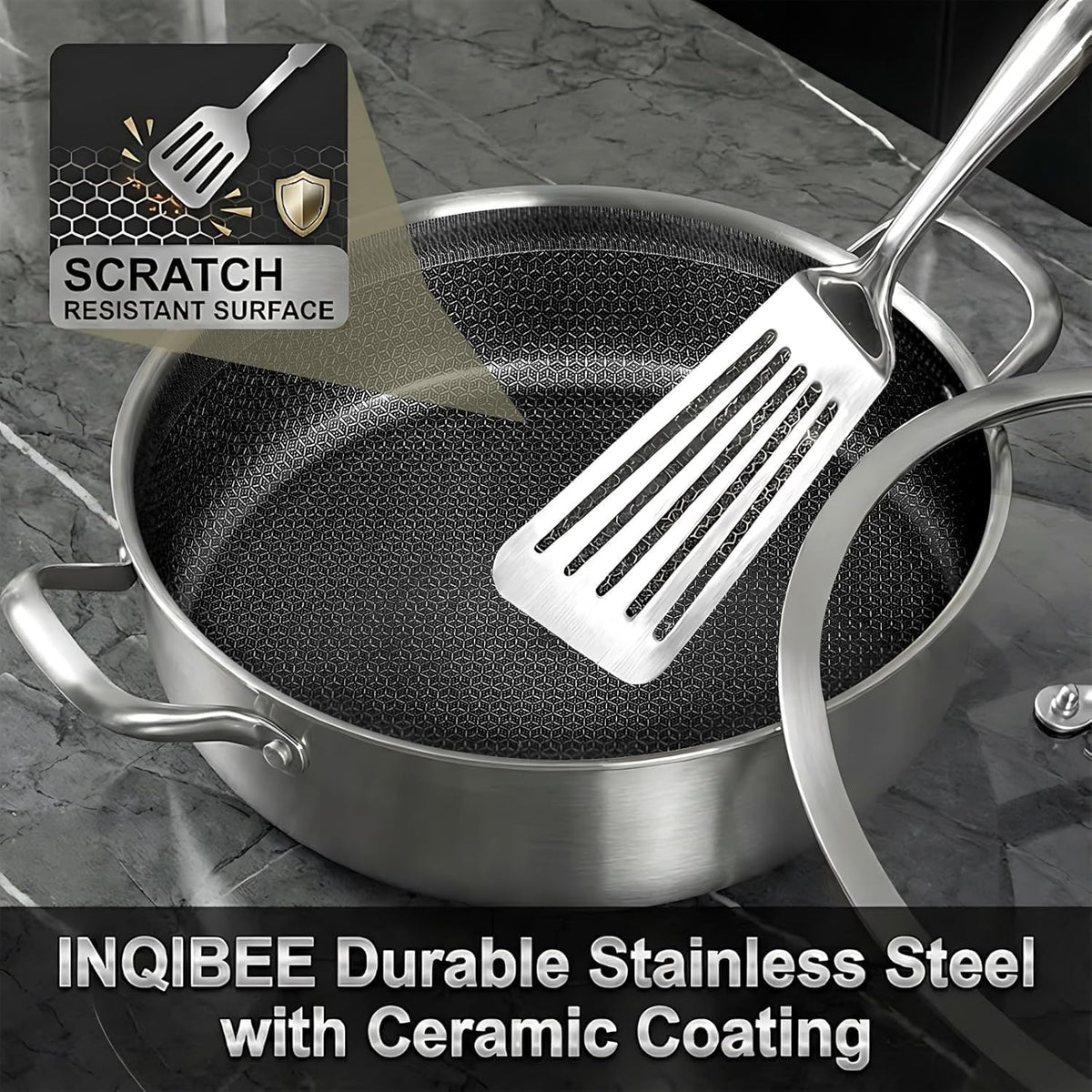 Inqibee 5 QT Hybrid Tri-Ply Stainless Steel Ceramic Non Stick Sauté Pan with Lid, 11 Inch Deep Frying Pan Cookware, Induction Compatible, All Cooktops, Oven & Dishwasher Safe