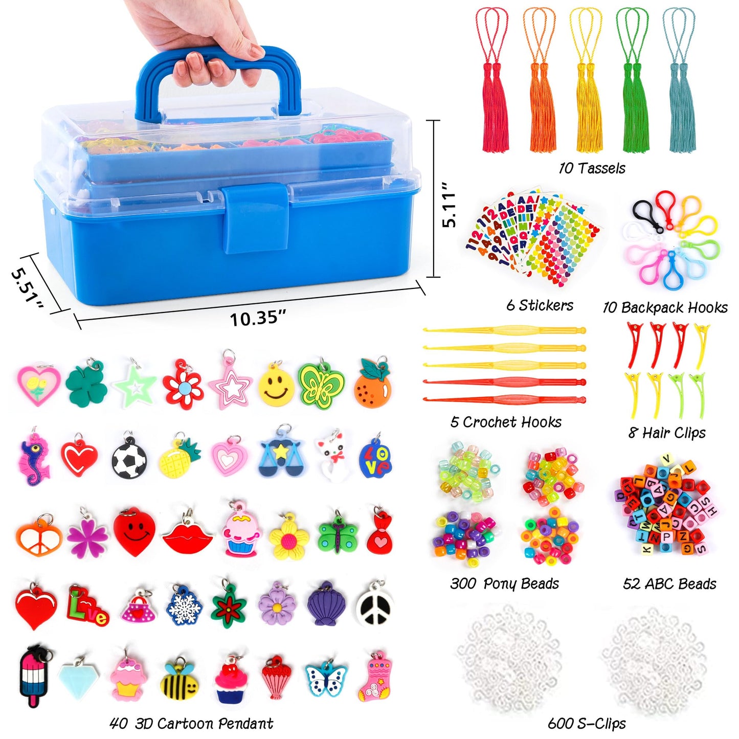 17500+ Rubber Loom Bands with 3 Layer Deep Blue Container, 28 Colors, 600 S-Clips, 352 Beads, 40 Cartoon Pendant, Bracelet Making Refill Kit for Kids