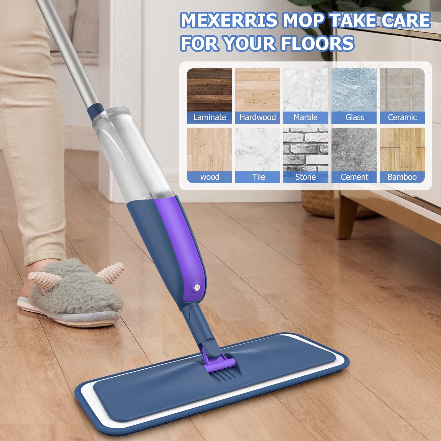 Spray Wet Dry Mops for Floor Cleaning - MEXERRIS Microfiber Hardwood Floor Mop with Spray Dust Dry Flat Mops with 2 Refillable Bottle 4 Pads for Hardwood Laminate Wood Ceramic Vinyl Marble Tile