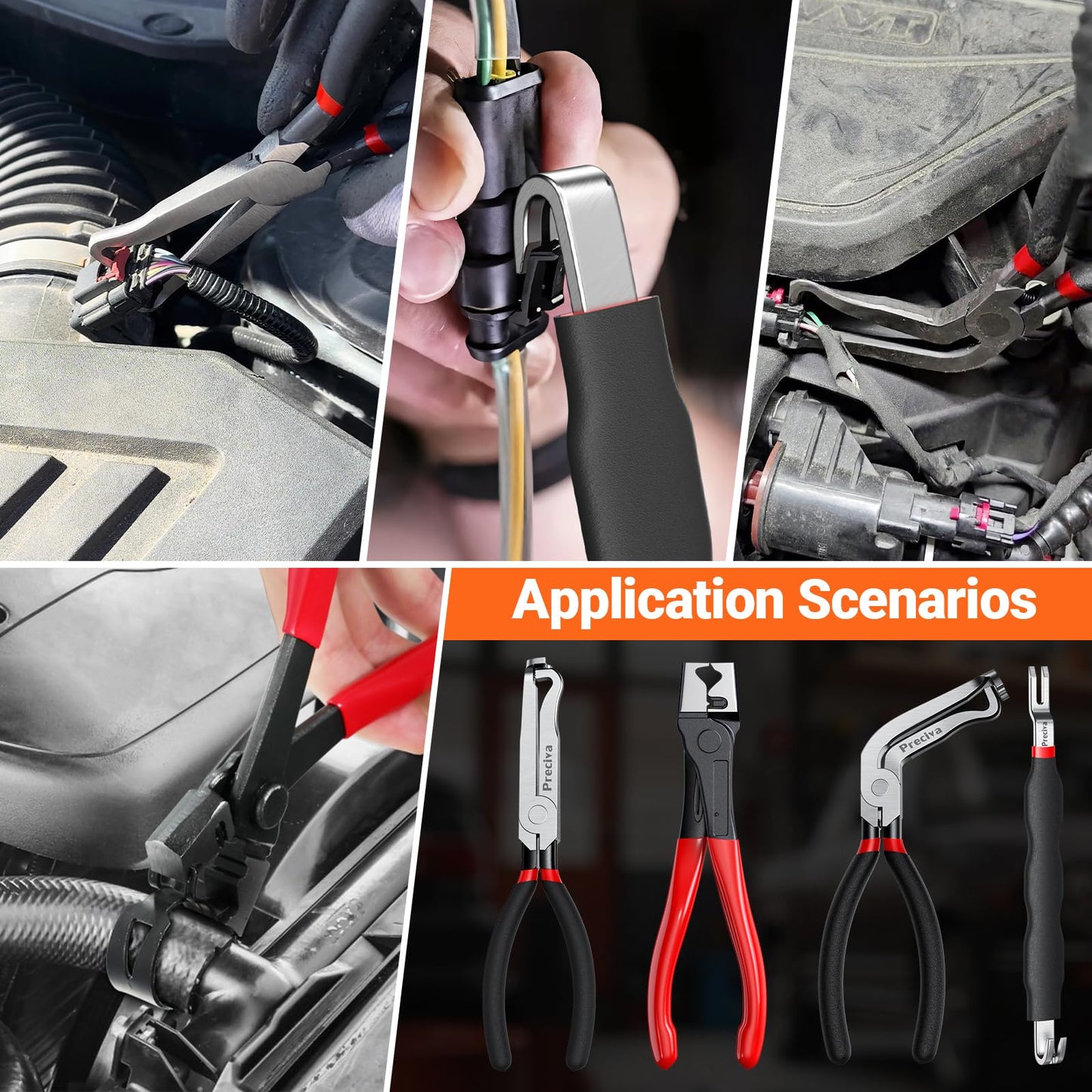 Preciva 5 Pcs Automotive Electrical Connector Disconnect Tool Kit,Wire Harness Release Pliers, Depin Tool & Hose Clamp Pliers Electric Plug Pliers for Cars, Automotive Wire Locking Push Tab