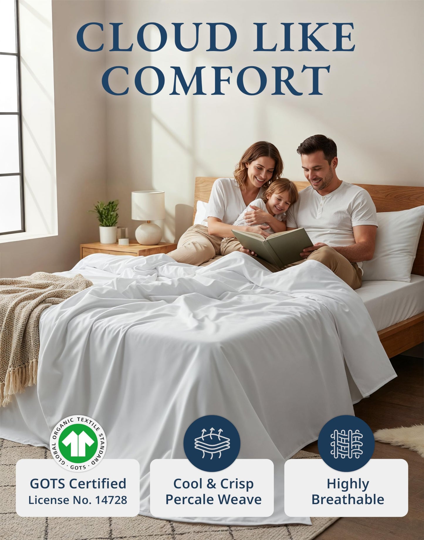 Lane Linen 100% Organic Cotton Queen Sheet Set, 4-Piece Percale Bed Sheets for Queen Bed - Soft, Breathable, Hypoallergenic, Deep Pocket Fits Mattress Up to 15" Deep, Hotel Quality Sheets - White