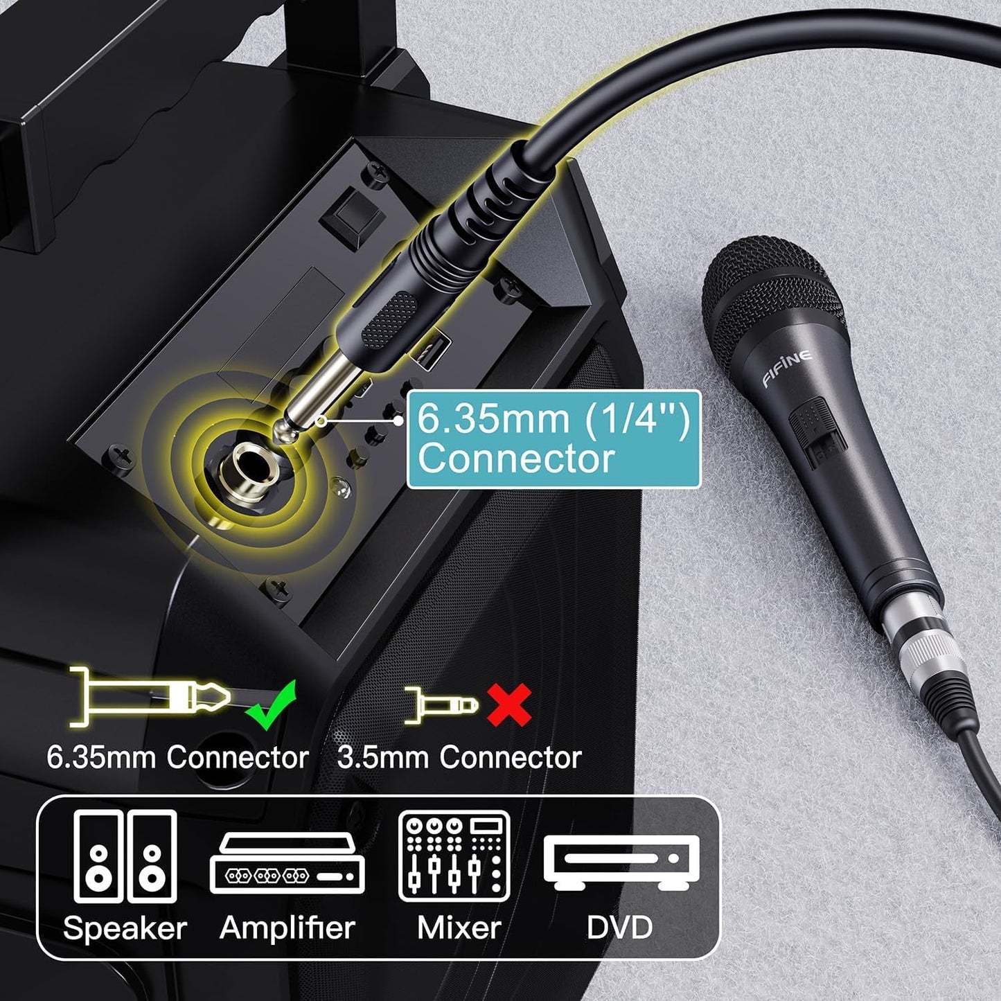Fifine Handheld Karaoke Microphone for Singing, Wired Dynamic Mic with 4.5m Detachable XLR Cable for Vocal, Speaker with On/Off Switch, Compatible with Karaoke Machine-K6