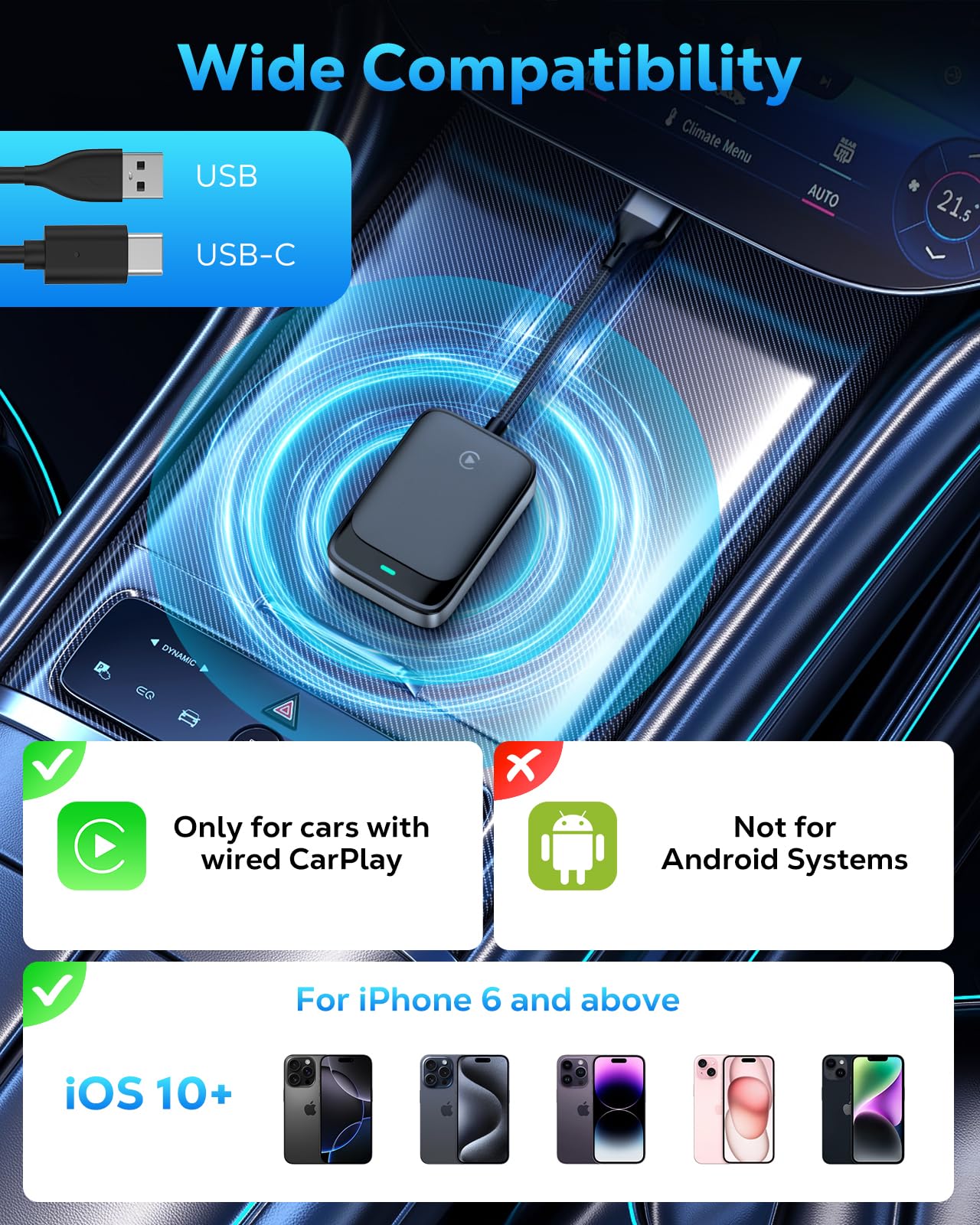 MoKo Wireless CarPlay Adapter for iPhone 2025, Converts Wired Car Play to Wireless Dongle, Plug and Play Fast Response Bluetooth CarPlay Adaptor for iPhone iOS 10+ and Cars with Built-in Car Play