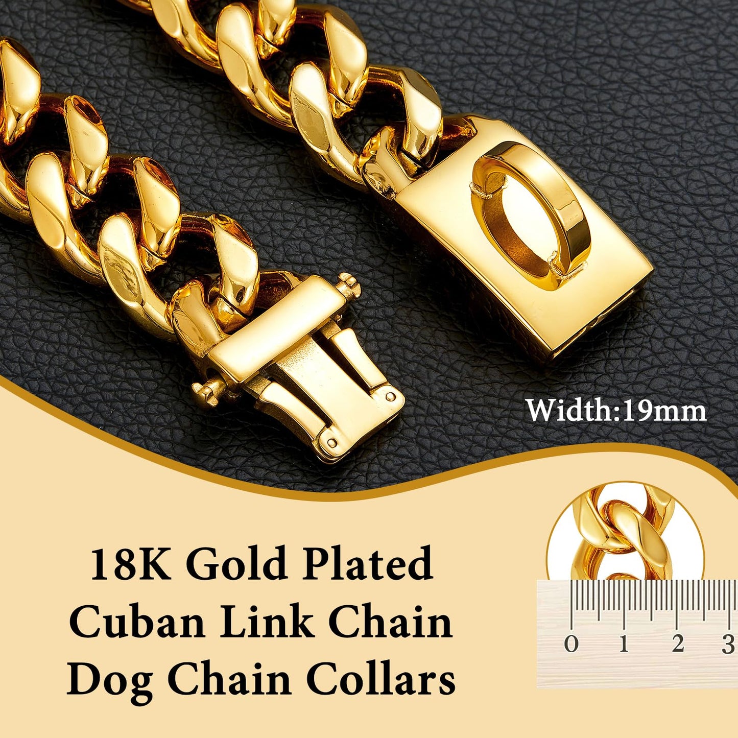 19mm Wide Gold Dog Chain Collar with Buckle,18K Gold Plated,Heavy Duty Strong Stainless Steel Metal Pet Solid Cuban Links Collars for Dogs(22inch)