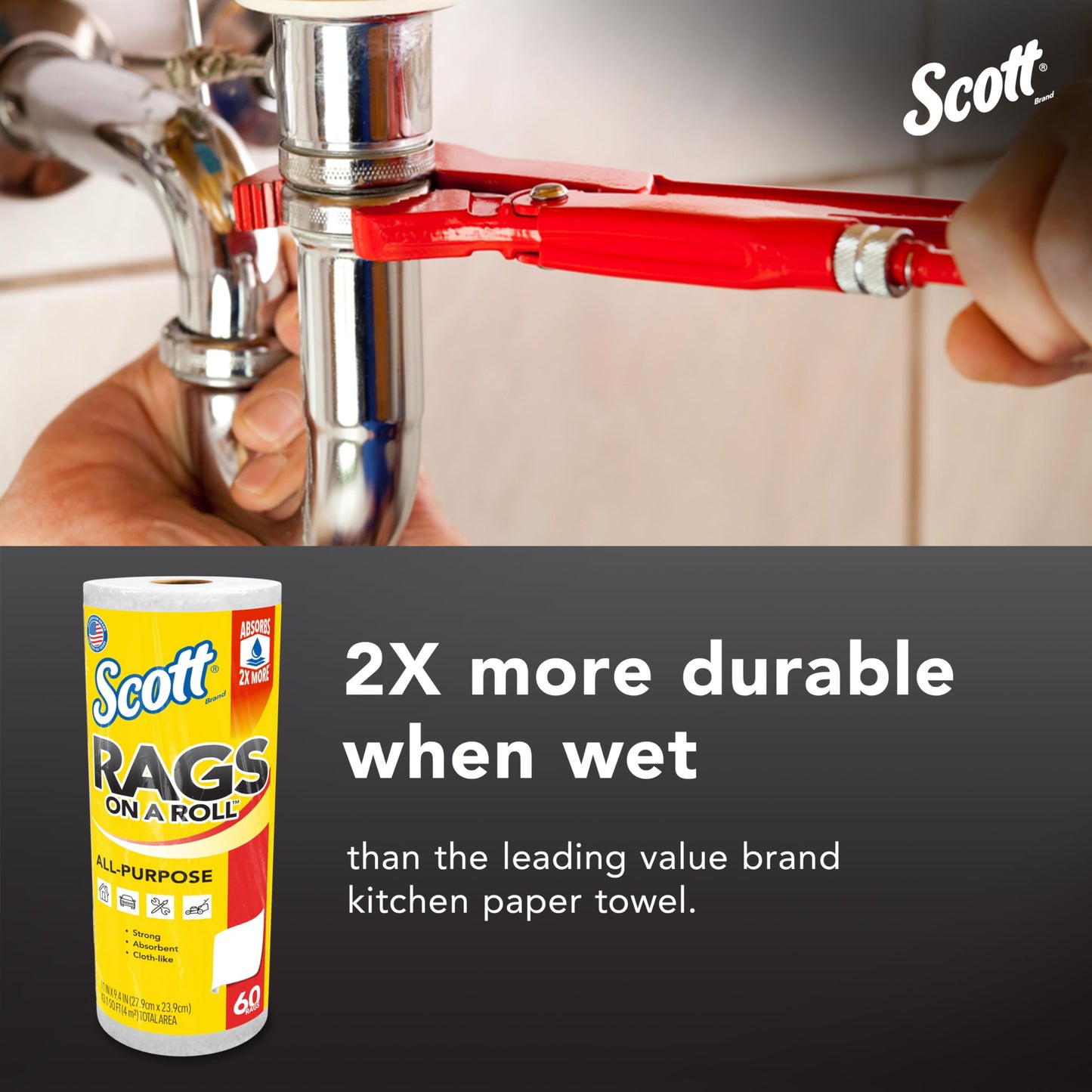 Scott® Rags On A Roll™ (54992), All-Purpose Towels, 9.4"x11" sheets (60 Towels/Roll, 12 Rolls/Case, 720 Towels/Case)