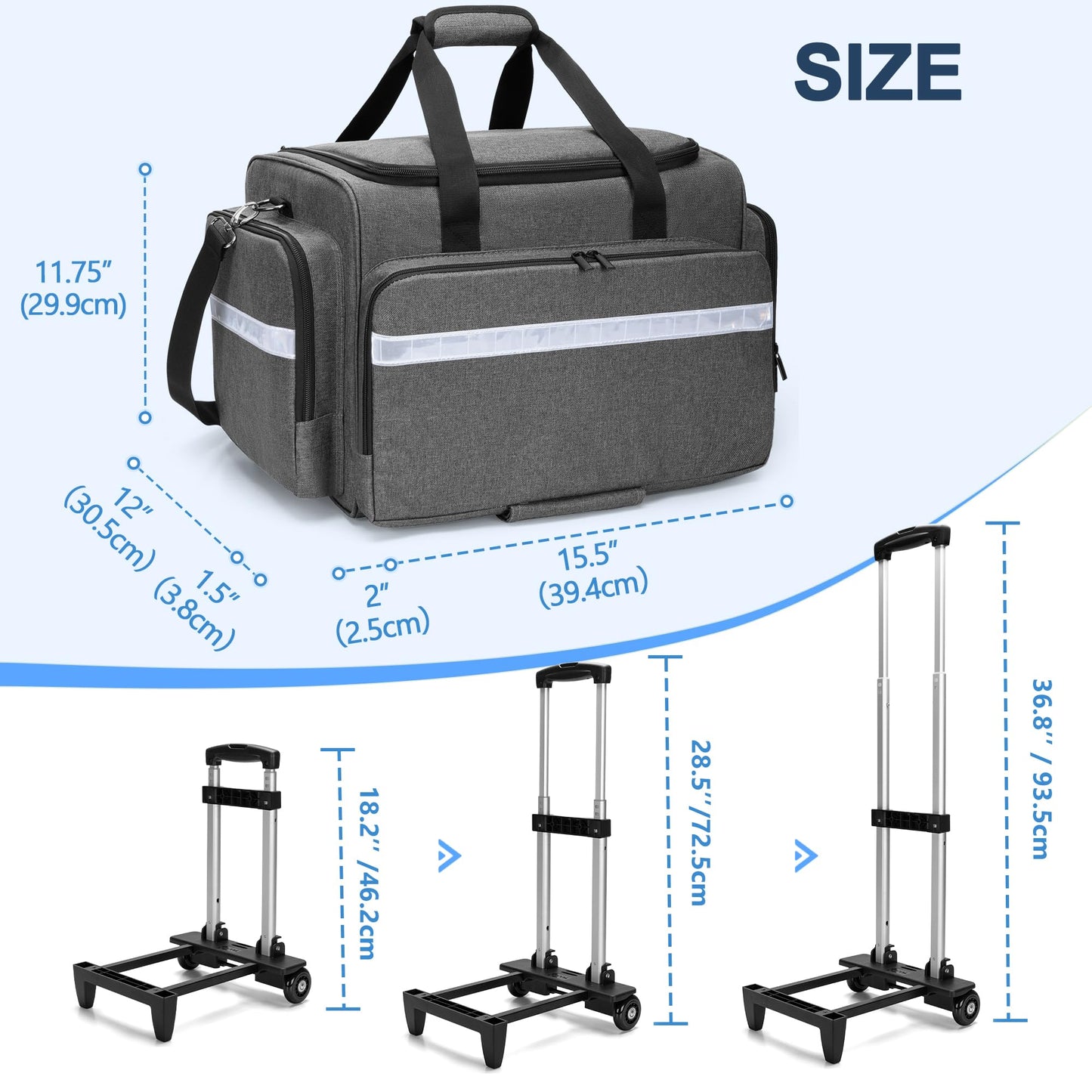 Damero Rolling Medical Bag with Detachable Trolley, Medical Bag on Wheels with Dividers, Medical Equipment Storage Bag for Home Health Nurses, Doctors, EMT, EMS, Gray