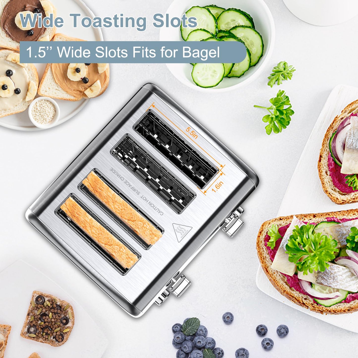 Toaster 4 Slice, Bagel Stainless Toaster with LCD Timer, Extra Wide Slots, Dual Screen, Removal Crumb Tray (Stainless steel)