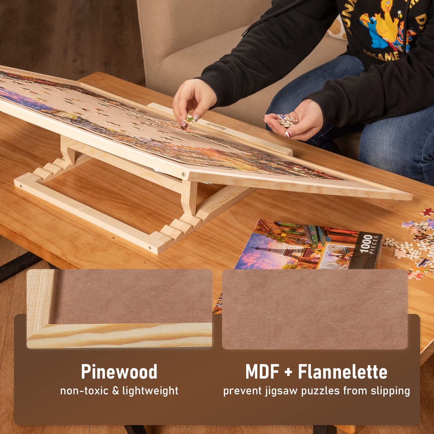 Becko US Puzzle Board & Bracket Set/Wooden Puzzle Board Kit/Jigsaw Puzzle Plateau - with Puzzle Board for Up to 1500 Pieces