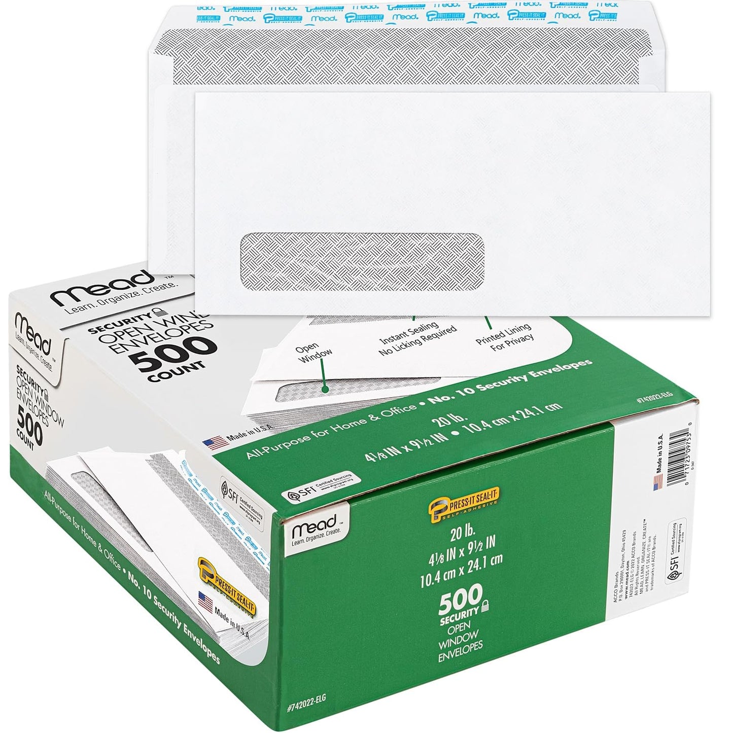 Mead Window Envelopes, Business Envelopes, Self Seal #10, Single Left Window, Peel and Seal Envelopes with Window, Security Tinted White Envelopes, 500 per Pack (742022)