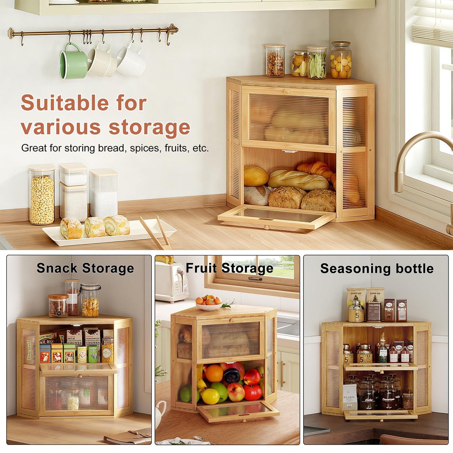 WOWLIVE Corner Bread Box for Kitchen Countertop, Double Layer Bamboo Bread Storage Container, Large Farmhouse Bread box with Acrylic Wavy Door Panel, Under Cabinet Organizer (Natural, Medium)