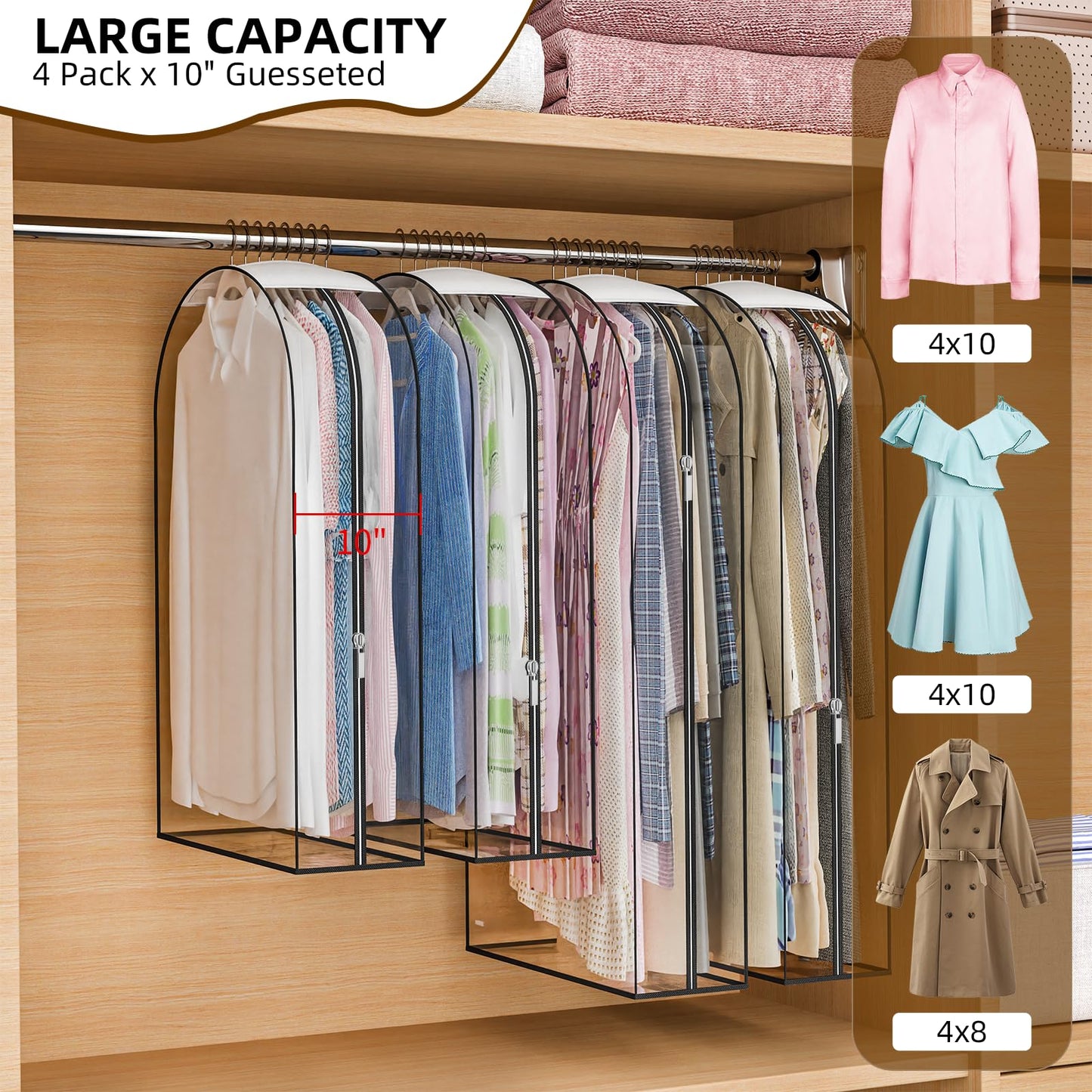 Jollygleam Upgraded Thickened Clear Garment Bags for Hanging Clothes 4 Packs, 10“ Gusseted Clothes Hanging Storage Bags for Closet, Shirts, Coats, Dresses (40 & 50 inch)