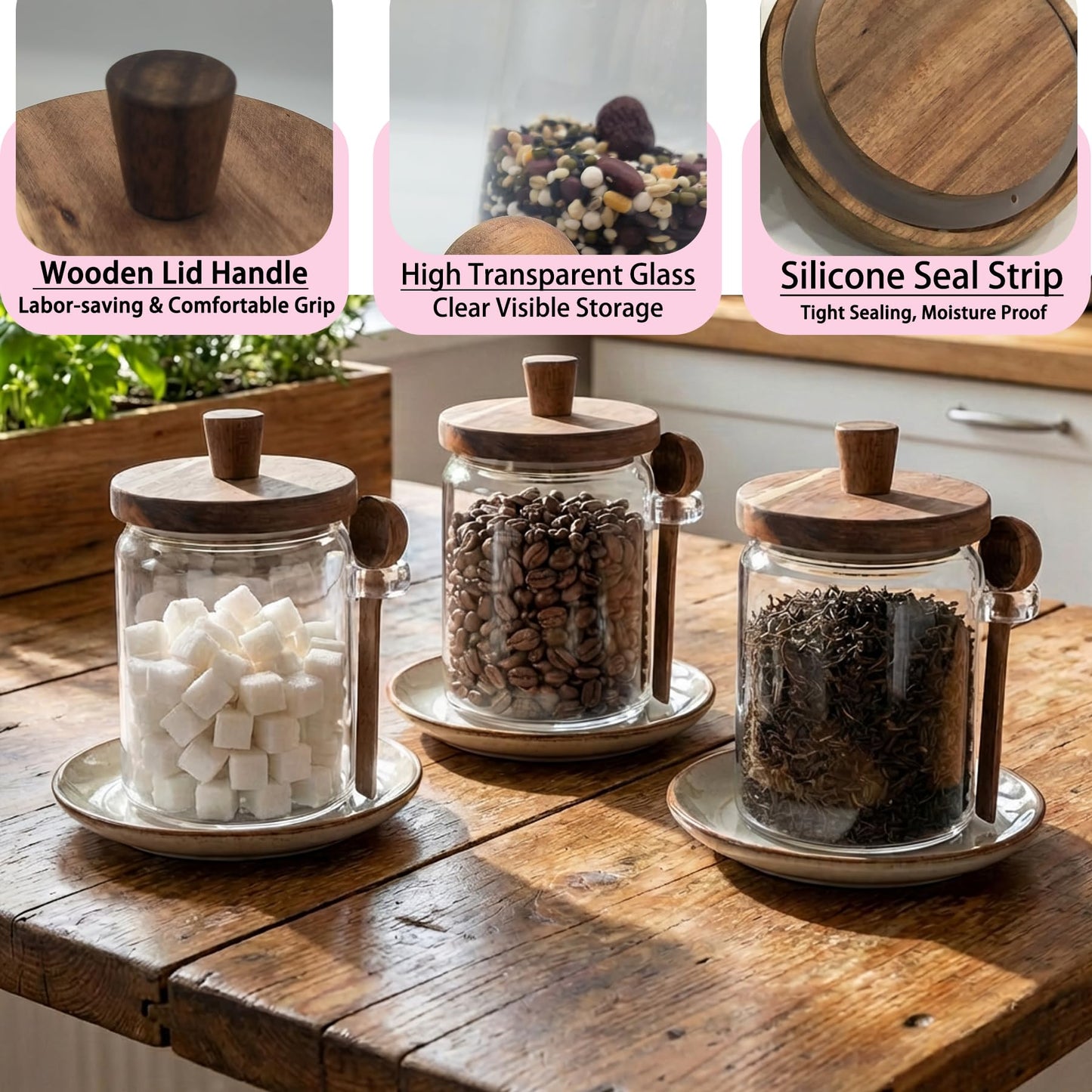 Set of 3 Glass Jars Containers with Airtight Wooden Lids and Scoop，Piscepio Clear Canister Jars Set with Spoon for Kitchen Food Storage Coffee Tea Sugar Decorative Countertop Organization Jars 31 oz