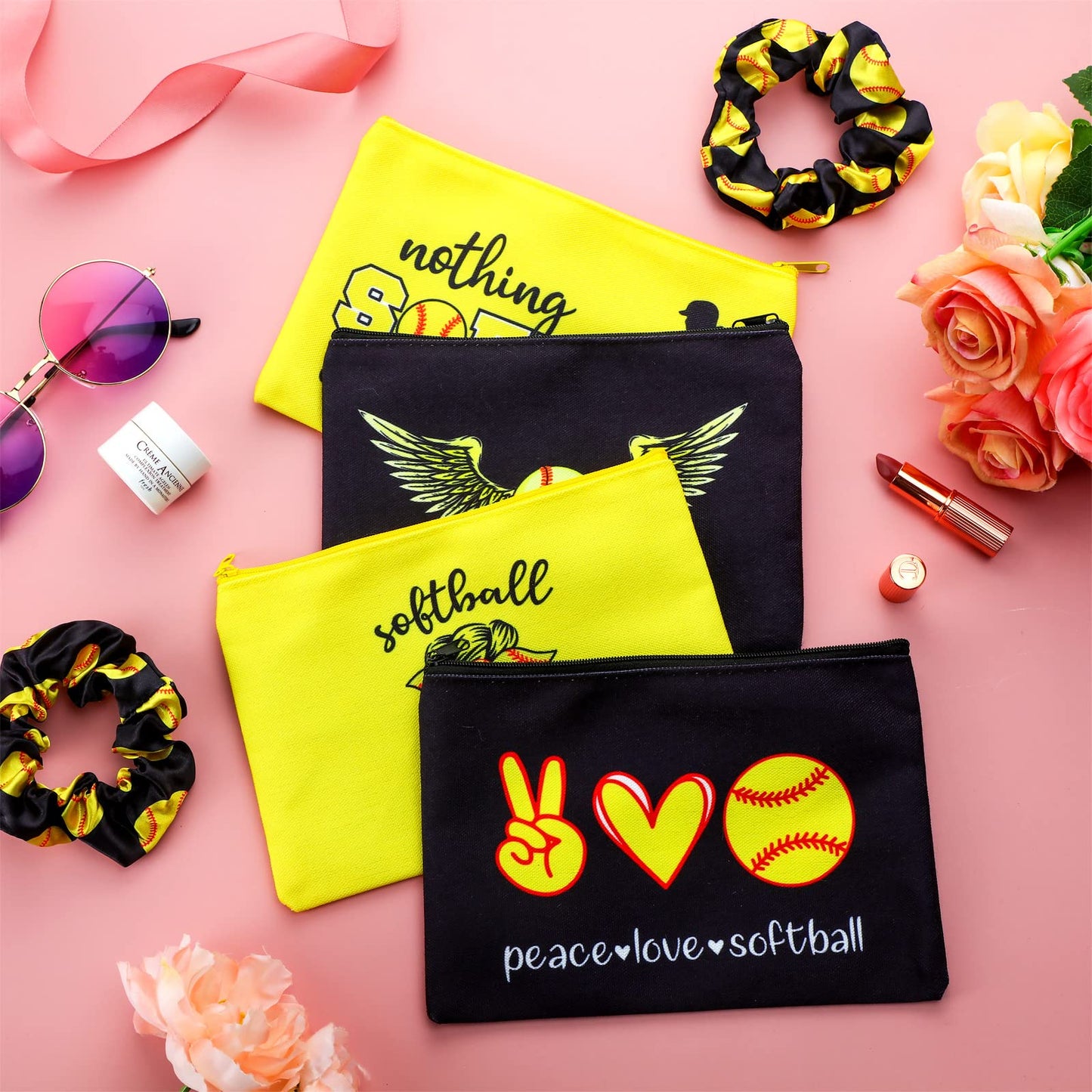 Kajaia 24 Pcs Softball Party Favors Softball Cosmetic Bag Sport Hair Scrunchies Bracelet Travel Pouch Canvas Makeup Bags Hair Ties Bands for Women Girls Team Gifts(Elegant)