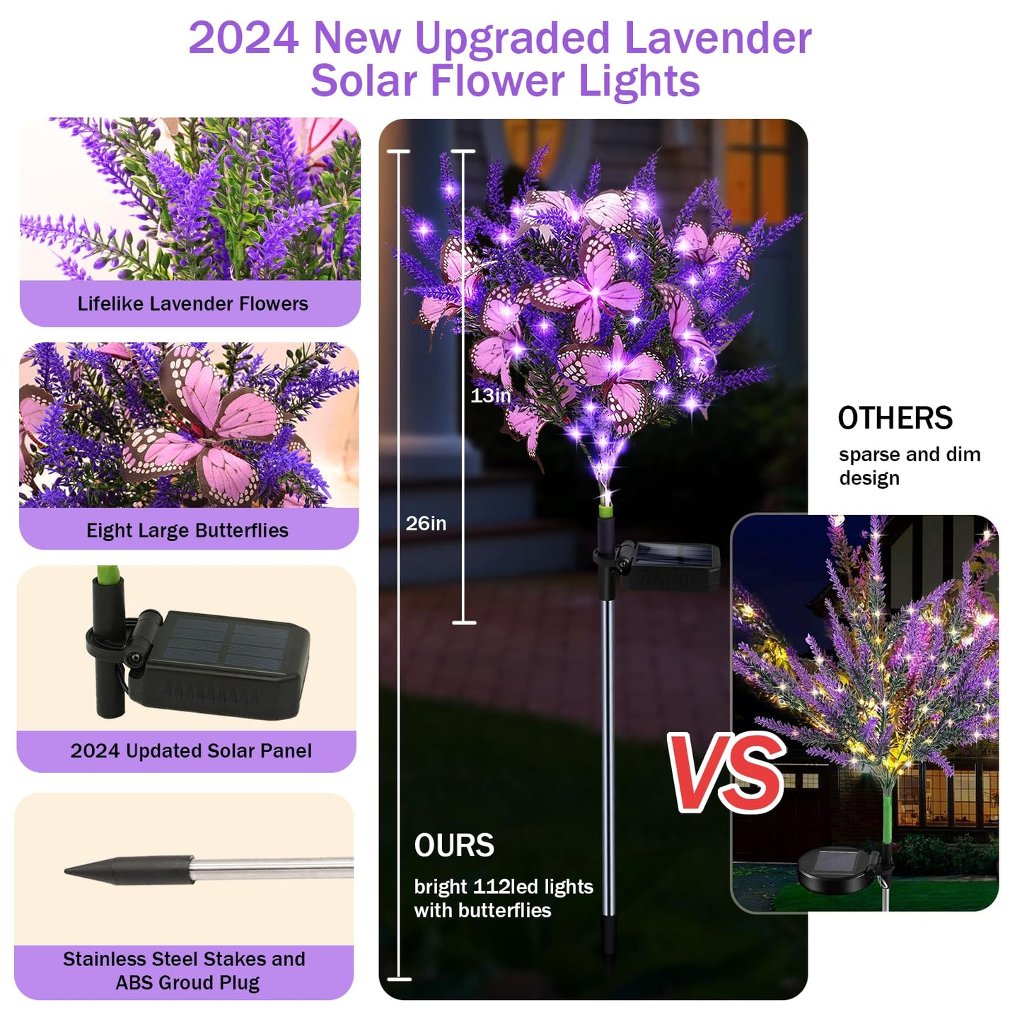 Kohlrabi Solar Garden Lights Outdoor, 6 Pack Solar Butterfly Lights Purple Lavender Gardening Gifts for Women, Purple Artificial Flower with Butterfly Garden Decor for Lawn Patio