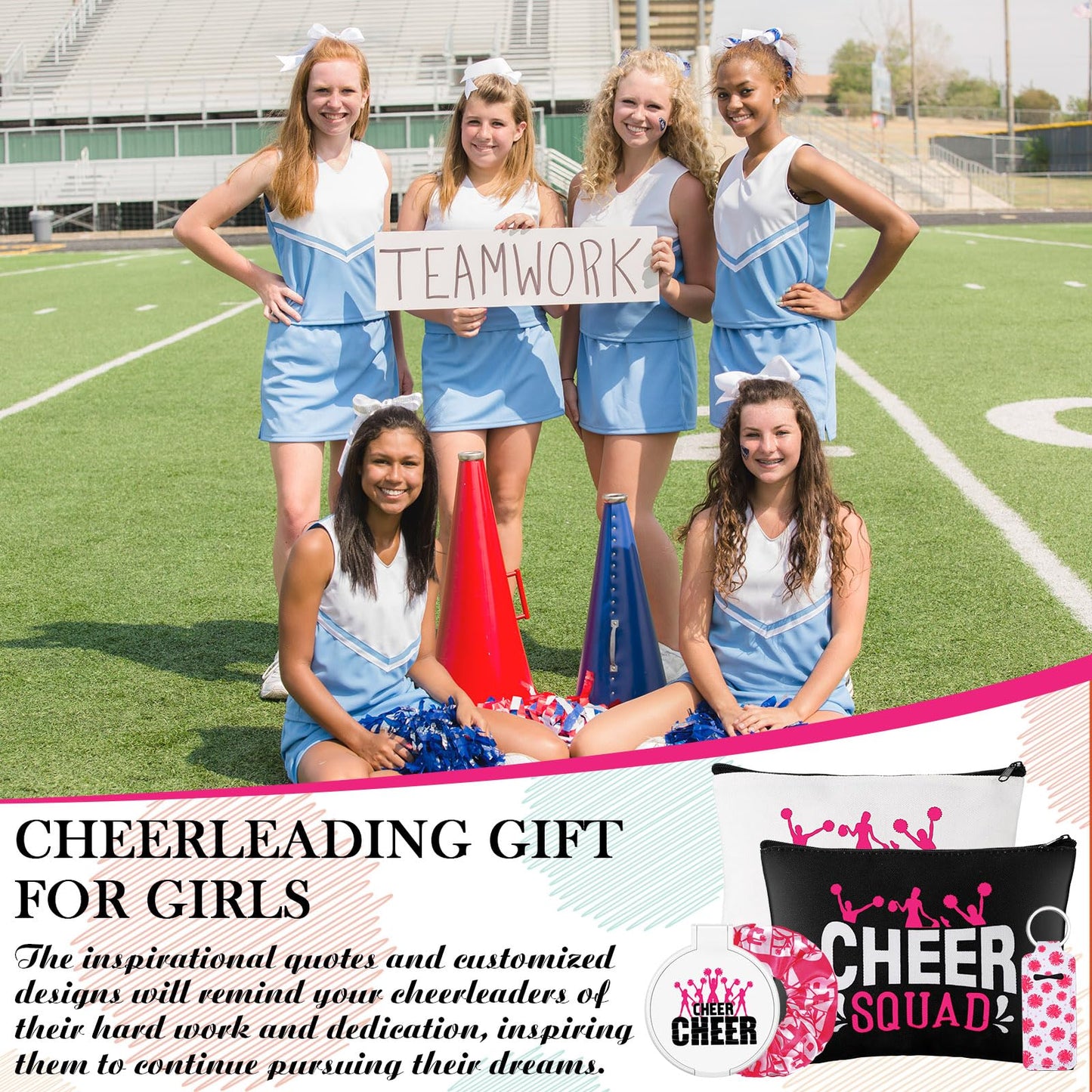48 Pcs Cheer Gifts Kit 12pcs Canvas Makeup Cheer Bags for Cheerleaders 12pcs Cheer Scrunchies Bulk 12pcs Cheerleading Makeup Mirror 12pcs Lipstick Lip Balm Holder Keychain for Cheerleader Girls