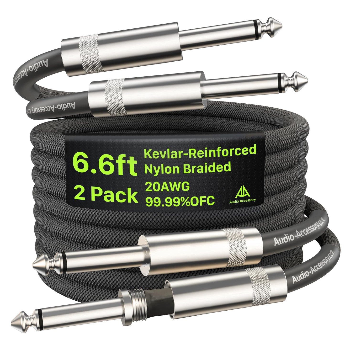 AA AUDIO ACCESSORY Guitar Cable 6.6ft 2 Pack, Nylon Braided Anti-Kinking Kevlar-Reinforced, 20AWG 99.99% OFC, Heat-Shrink Protected 1/4 Instrument Cable, Shielded Amp Cord for Fender Electric Guitar