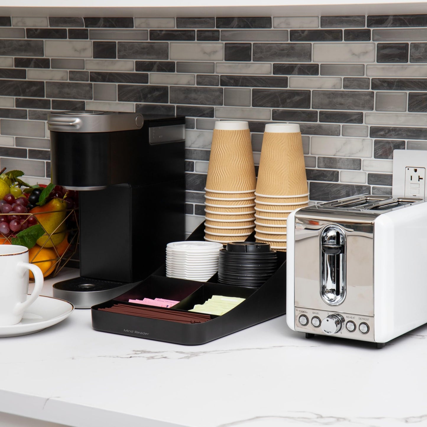 Mind Reader Cup and Condiment Station, Countertop Organizer, Coffee Bar, Kitchen, 7.25"L x 15.5"W x 5.25"H, Set of 2, Black