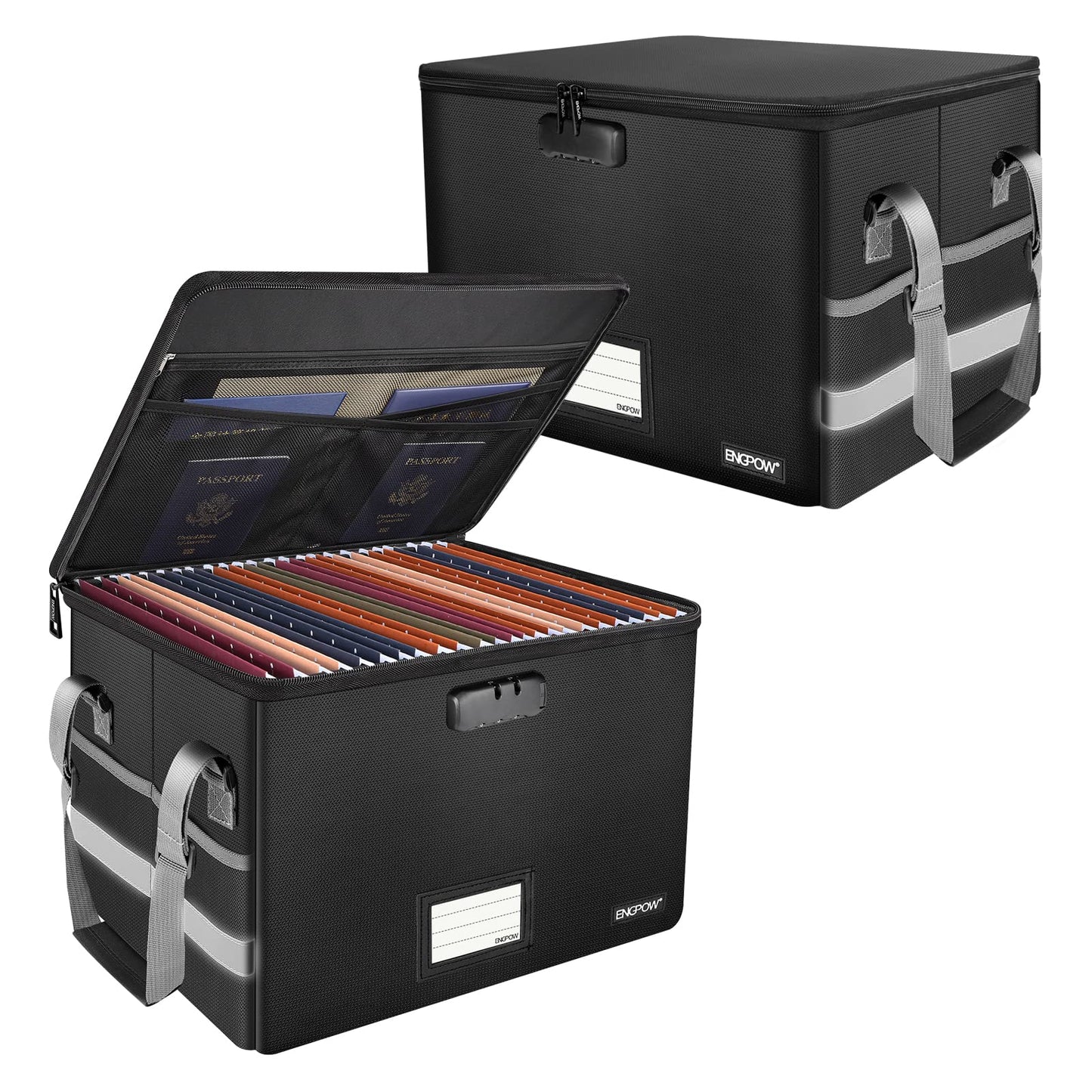 ENGPOW File Box with Lock,Fireproof Document Box with Zipper＆Pockets,Collapsible File Organizer Filing Storage Cabinet with Handle,Portable Home Office Safe for Hanging Letter/Legal Folder,2 Pack
