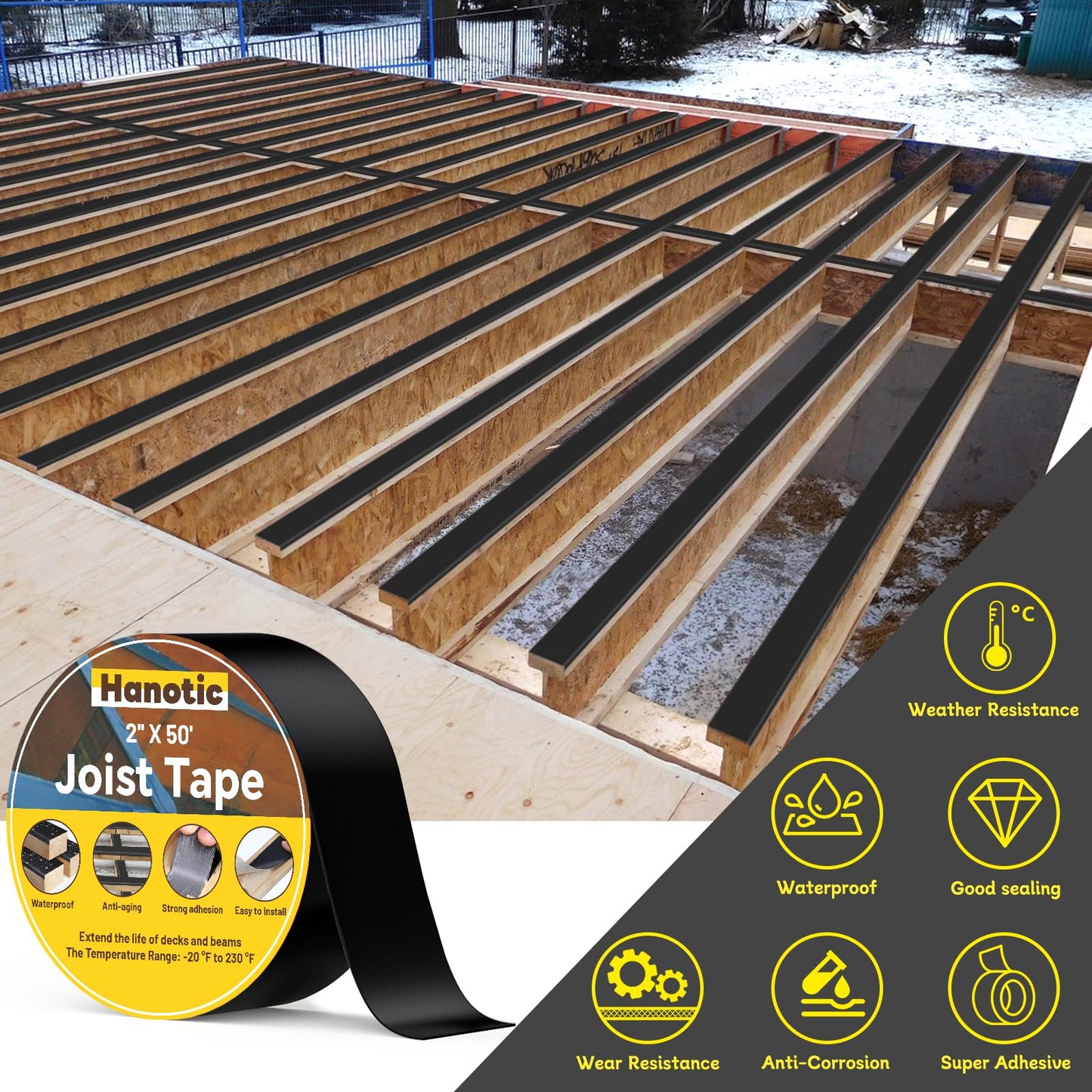 Hanotic Joist Tape for Decking 2'' X 50', 6 Rolls Weather Resistance Butyl Tape, Waterproof and Anti-Corrosion, Self-Adhesive for Wood Joists Decks Beams Roof Rv