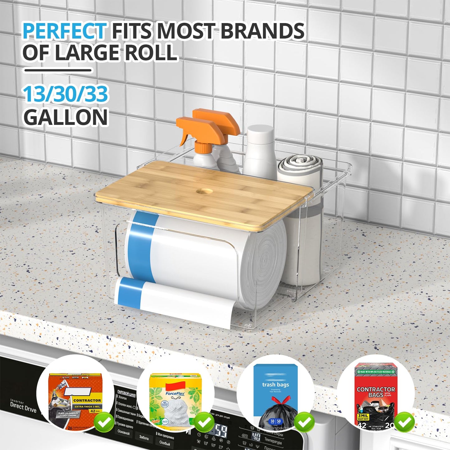 Tangyinus Trash Bag Dispenser Roll Holder - Clear Garbage Bag Holder with Bamboo Lid and Sliding Drawer Box, Kitchen, Under Sink, Laundry Room Organization and Storage