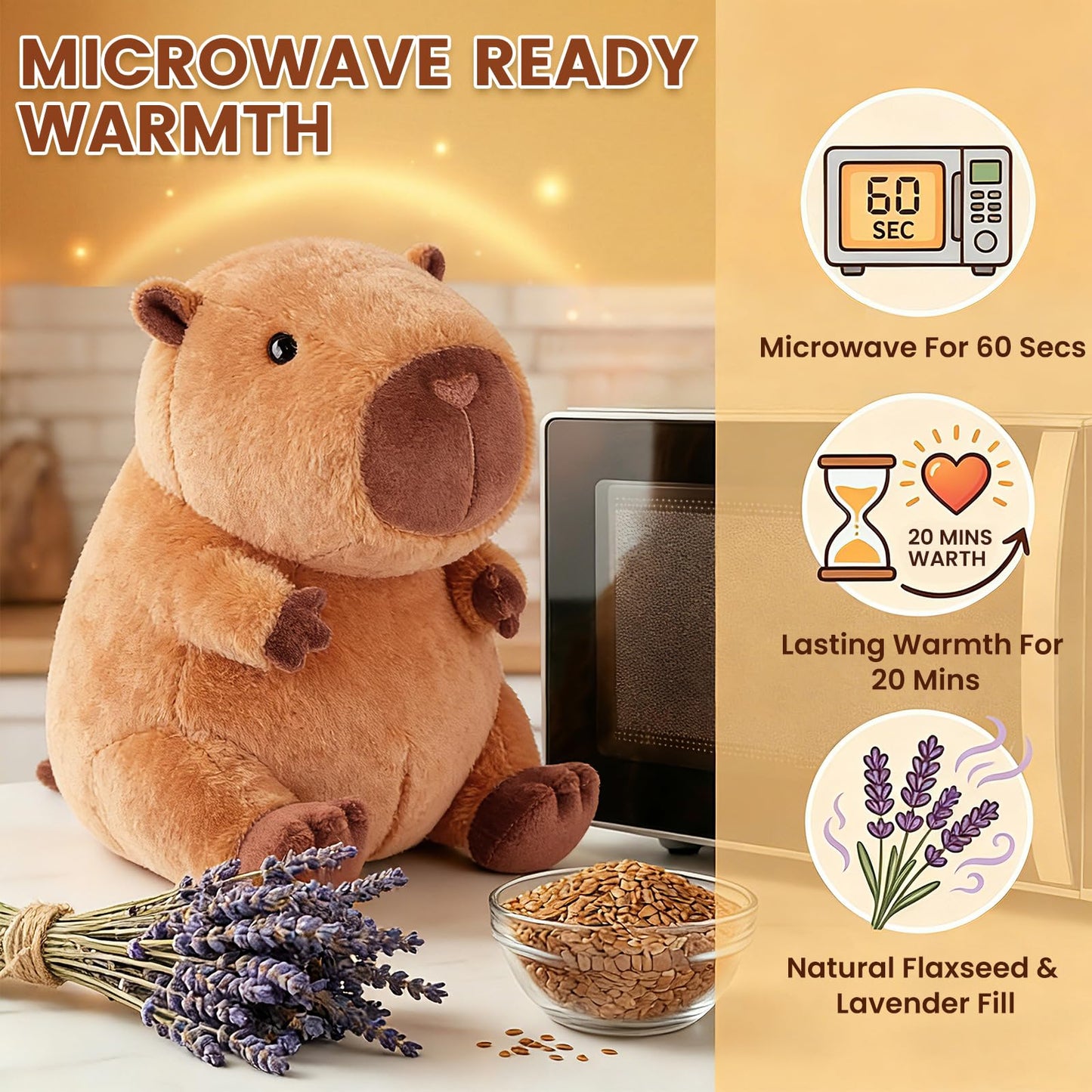 SuzziPals Heatable & Coolable Capybara Plush, Microwavable Stuffed Animal Heating Pad for Soothing & Relaxation, Lavender Scent Plush Toys for Stress Relief, Capybara Plushies Gift for Kids & Adults