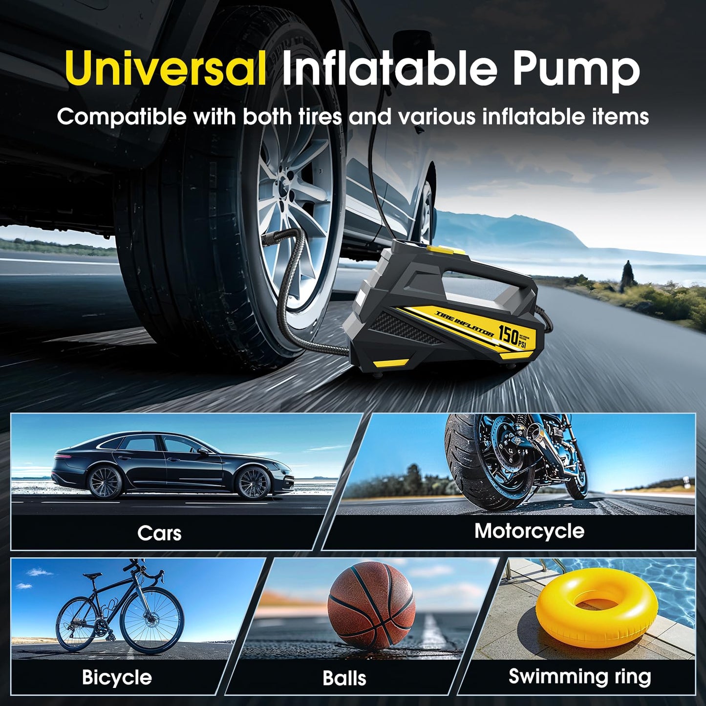 Tire Inflator Portable Air Compressor - DC 12V Air Pump for Car Tires with 150PSI LCD Digital Gauge & Emergency LED Light,Auto Tire Pump for Cars,Motorcycles,Bikes,Balls (Large)