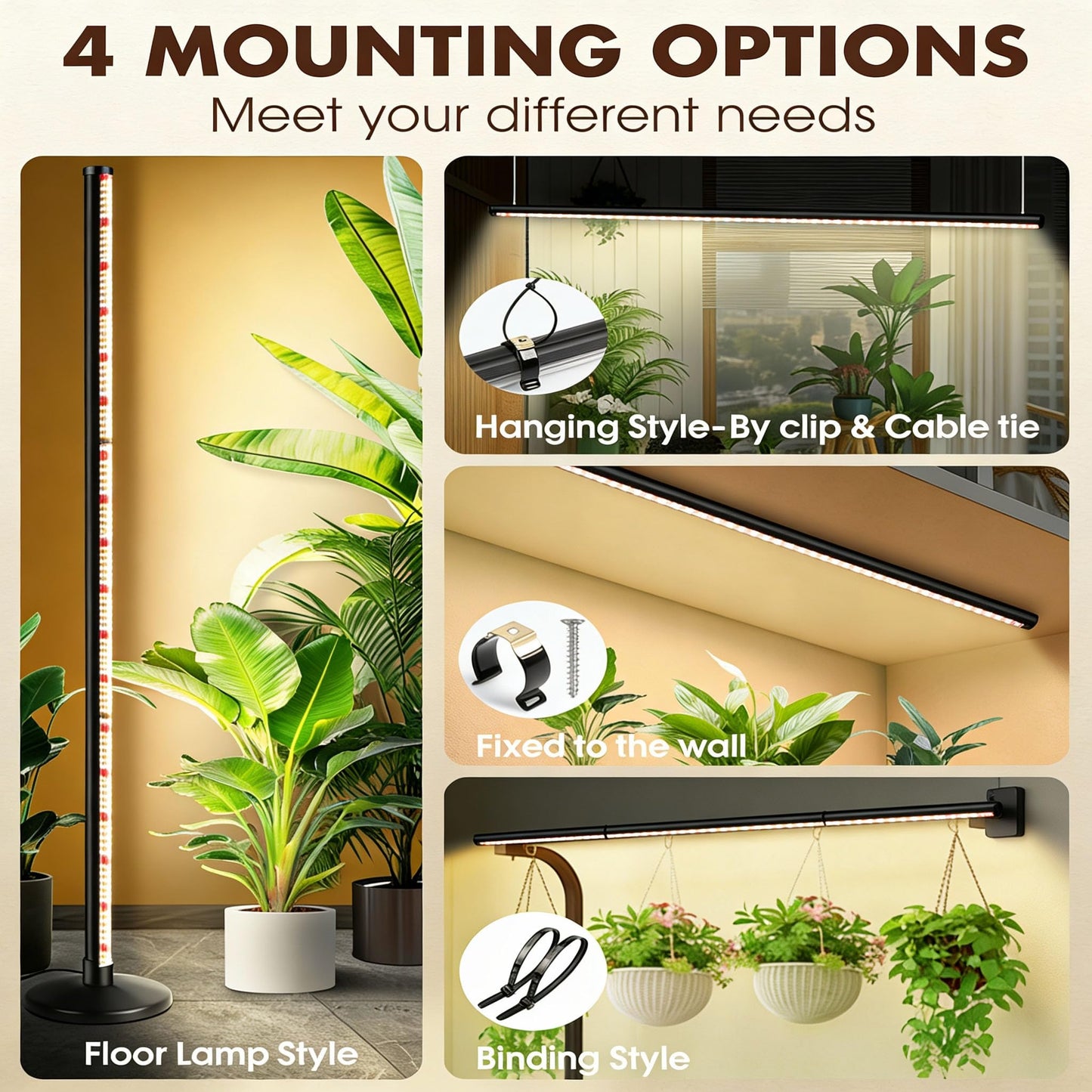 145CM Grow Lights for Indoor Plants: 36W, 6000K, 280 LEDs Full Spectrum Plant Light for Seed Starting with Timer and 10 Level Dimmable Standing Plant Growing Lamp for Greenhouse with Hanging Accessory