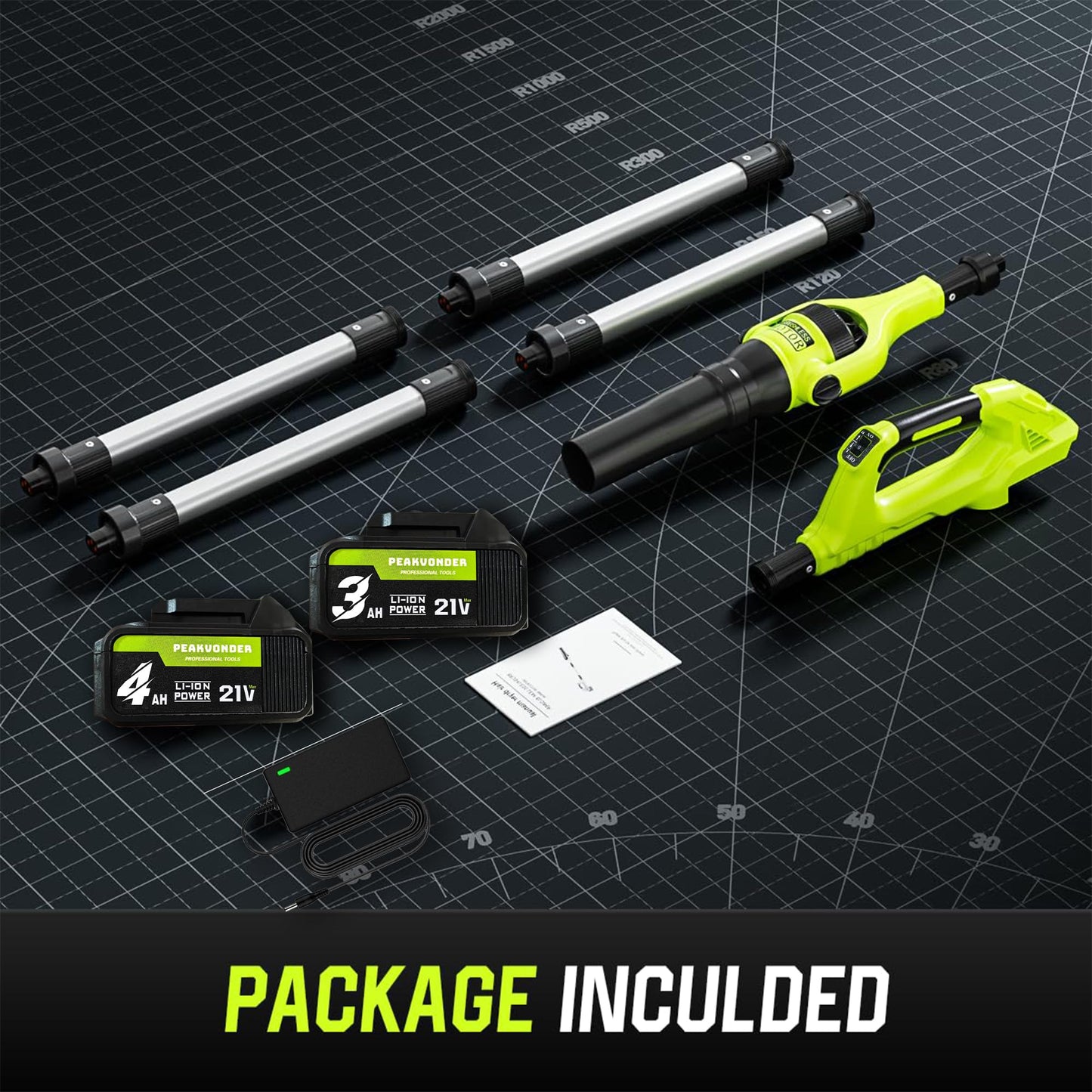 PEAKVONDER Cordless Leaf Blower, 260,000 RPM Turbo Jet (580 CFM/180 MPH)，2 * 4.0/3.0Ah Batteries & Fast Charger, with Gutter Cleaning Extension Attachment Kit for Lawn Care