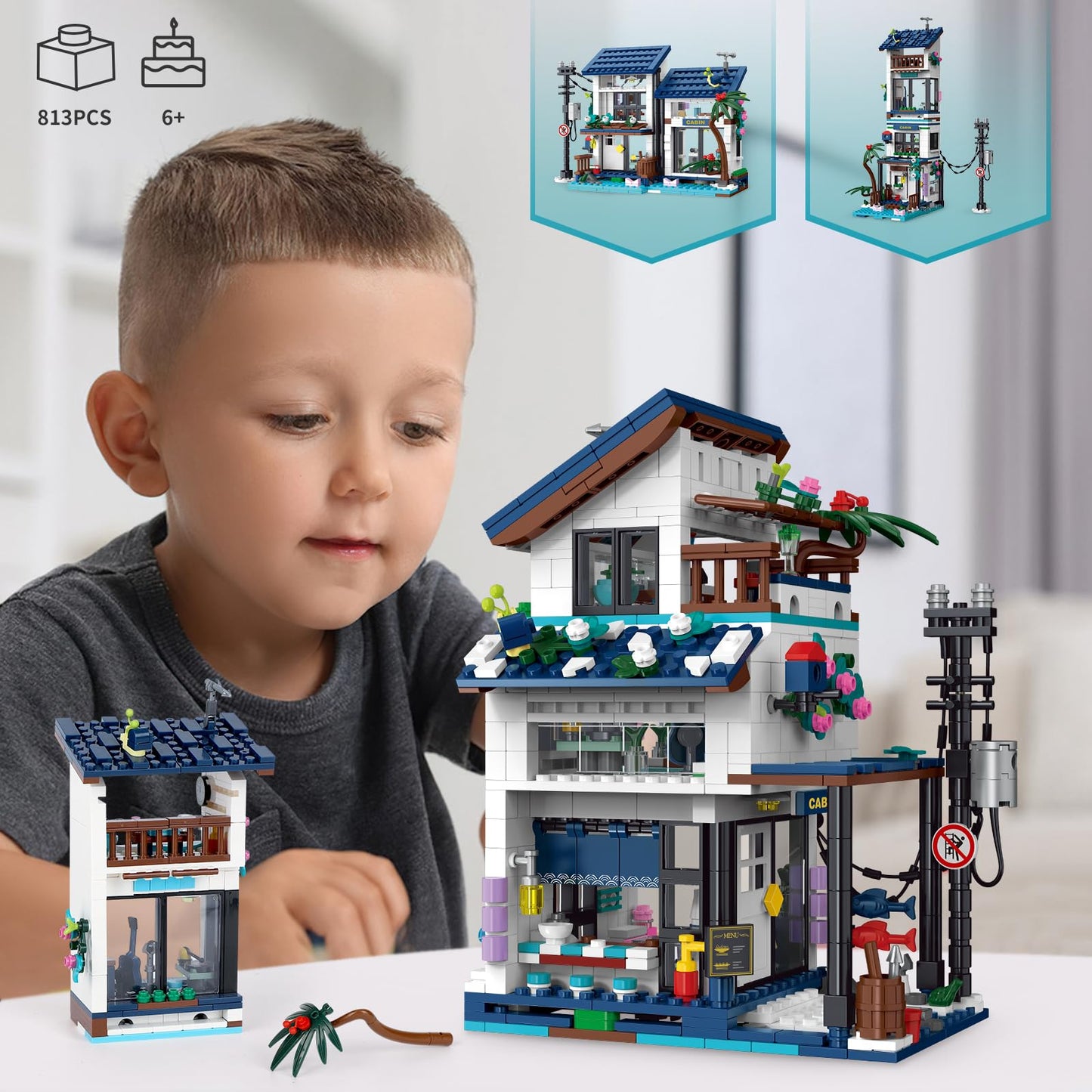 3 in 1 Vacation Beach House Building Set, Compatible with Friends Seaside Villa, Construction Educational Toy with Light, Birthday Gift for Kids Girls Aged 8-12 (813 PCS)