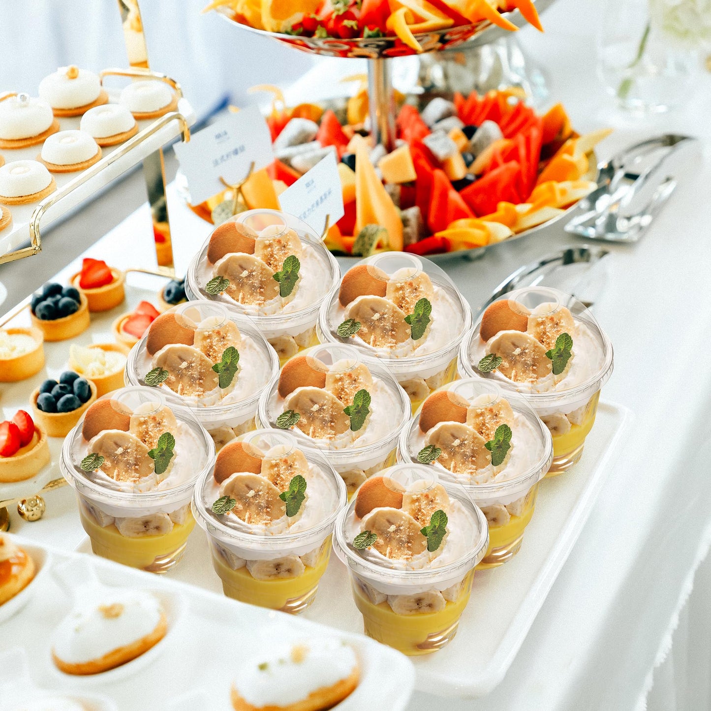 100 Pcs 12 oz Clear Plastic Dessert Cups with Dome Lids No Hole, Disposable Plastic Yogurt Parfait Cup, Crystal PET Fruits Cups with Lid for Pudding Ice Cream Snack Jello Party Birthday Wedding