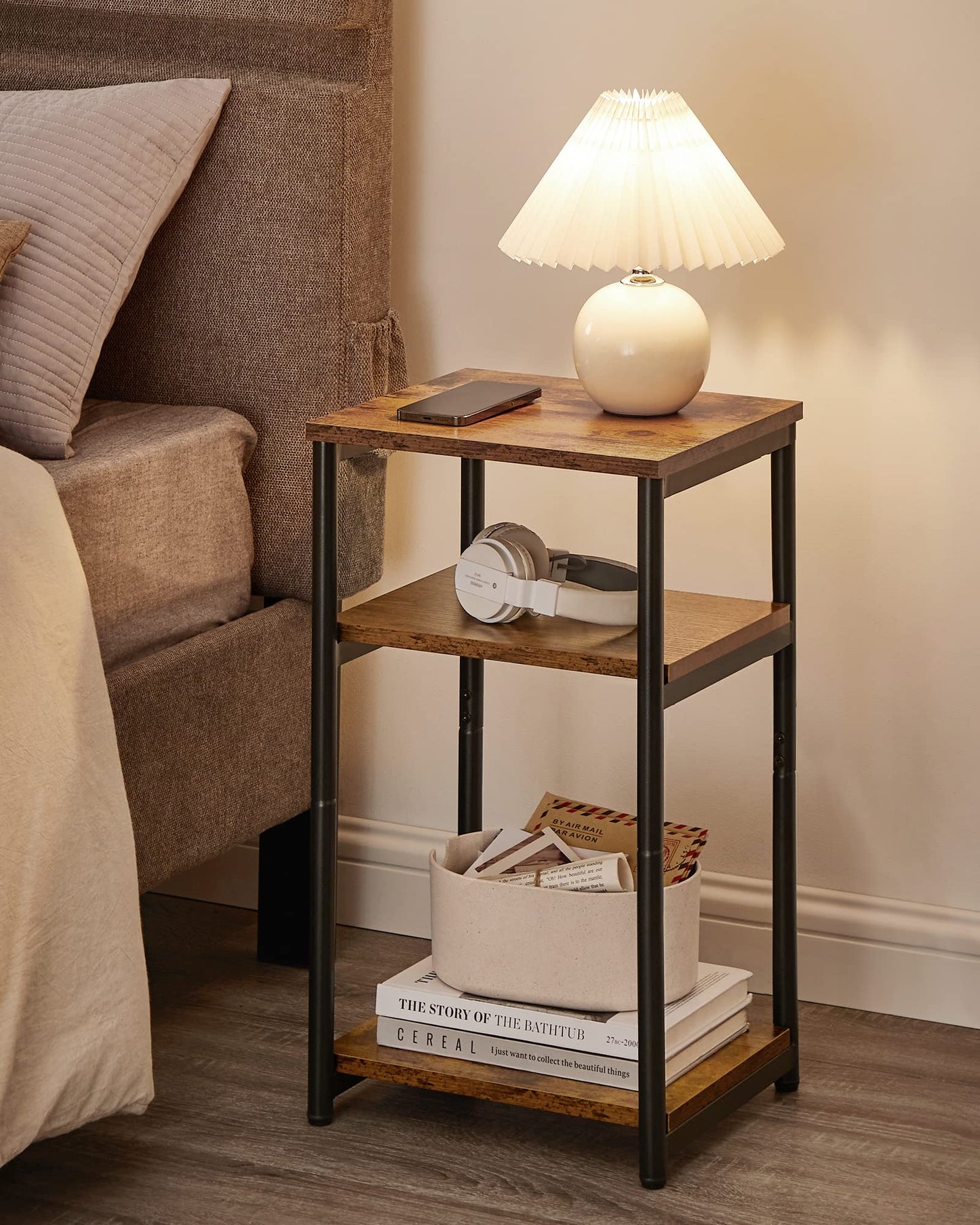 VASAGLE Side Table, End Table with Storage Shelves, 3-Tier Slim Tall Table, Rustic Brown ULET273B01