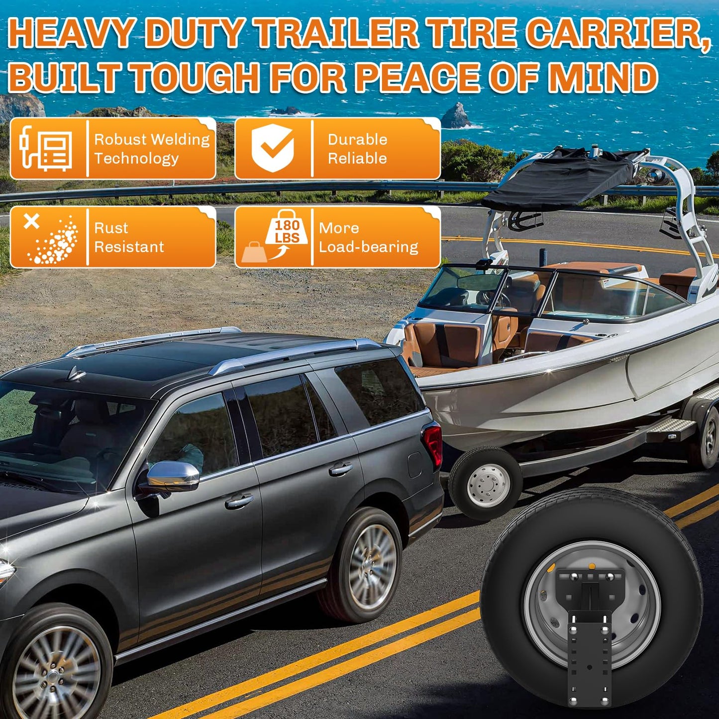 WELLUCK Trailer Spare Tire Mount for Utility Boat Trailer 3-Nuts Spare Tire Carrier Fits 4/5/6 Lugs Trailer Wheels on 4", 4.5'', 4.75'', 5'', 5.5'' and 6''Bolt Patterns, 180Lbs, Anti-Theft Rope
