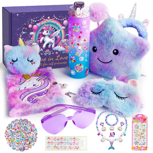 64pcs Unicorn Gifts Toys for Girls Kids Toys 5 6 7 8 9 10+ Years Old Halloween Thanksgiving Christmas Birthday Gifts Box with Star Light Up Pillow Stuffed Diary with Lock Headband Water Bottle sticker