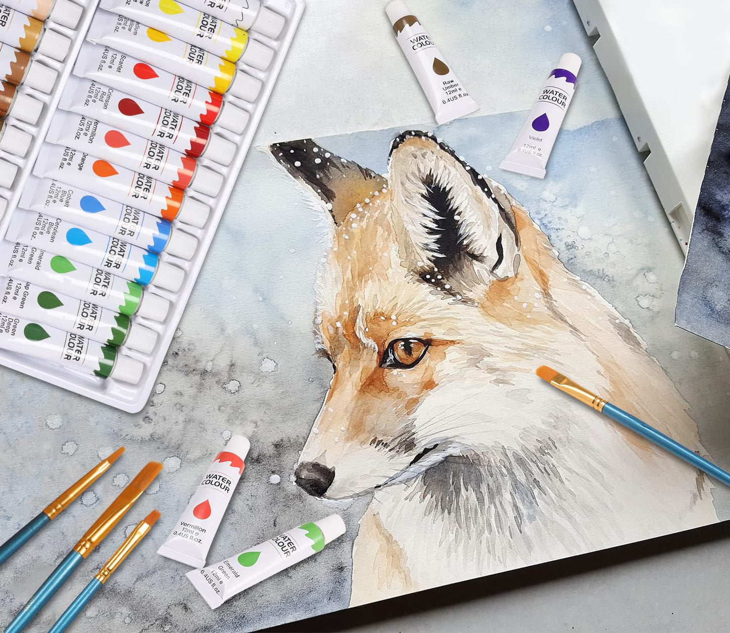Paint Set, 49-Piece Watercolor Painting Kit with Wooden Tabletop Easel, Includes Watercolor Paints, Brushes, Palette, Canvas Panels and Painting Pads, for Beginners Professionals Hobbyists