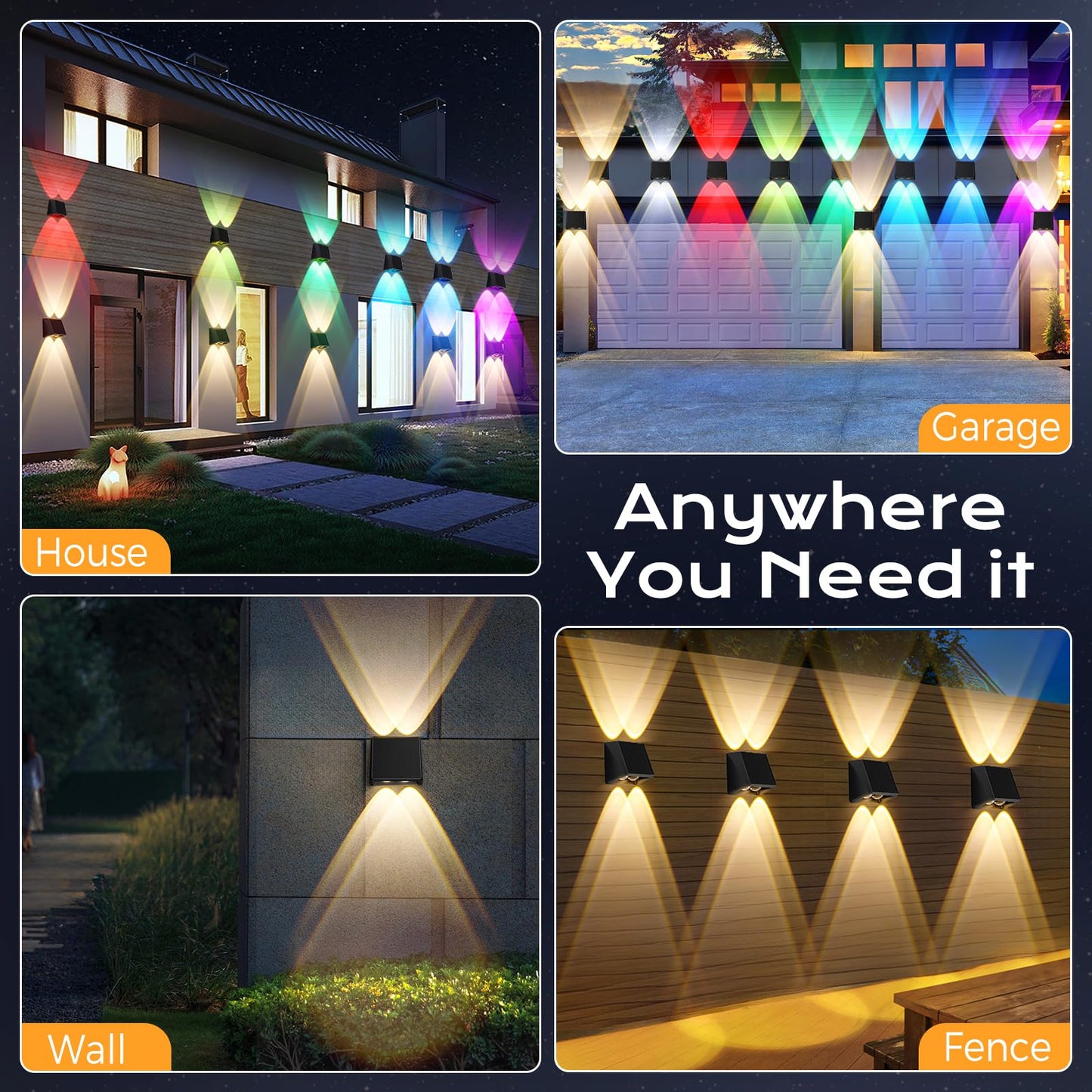 Quntis RGBCW Solar Lights Outdoor 6 Pack, 13 Color Mode & Up/Down Lighting Solar Fence Lights, Warm White/Cool White/RGB Solar Garden Lights, IP65 Waterproof Solar Lights for Deck Patio Yard Step Wall