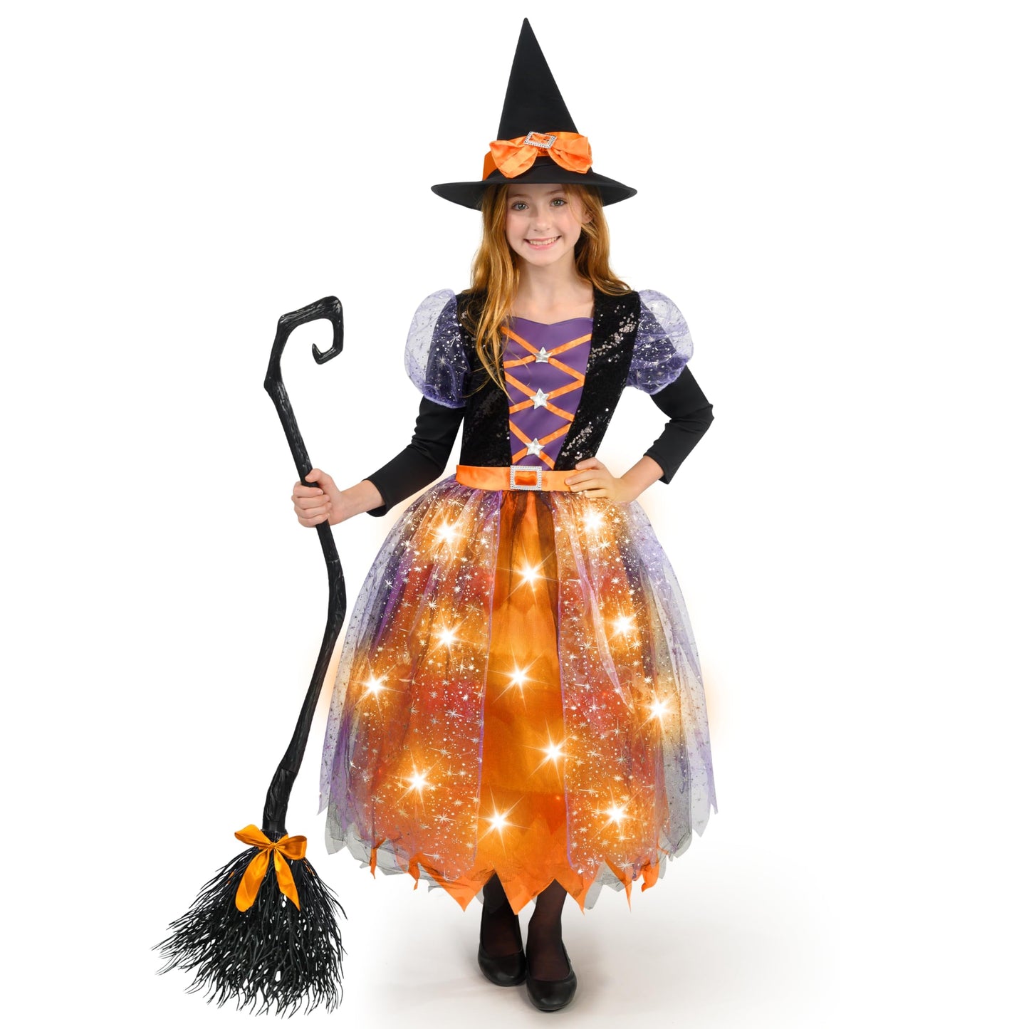 Spooktacular Creations Orange Witch Costume Kids, Light Up Halloween Witch Dress Hat Broom for Girls, Sweet Wizard Set, S
